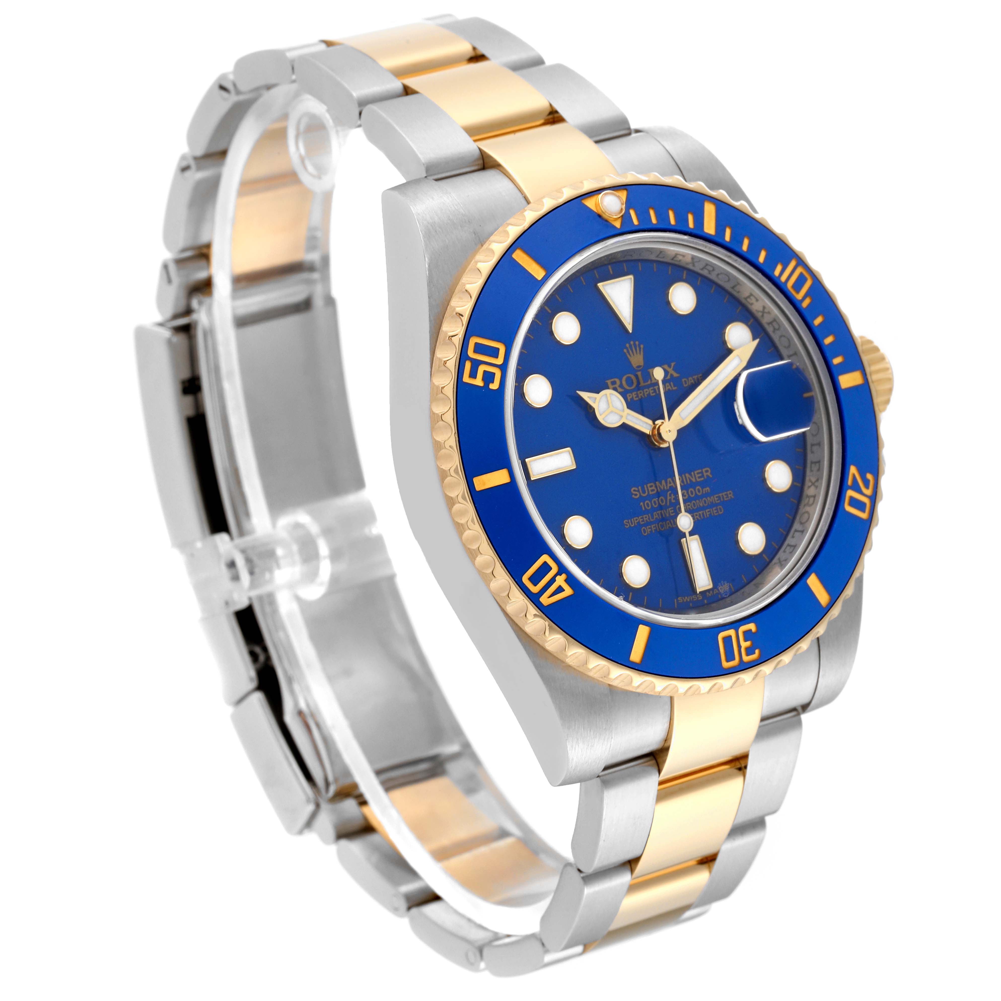 The image shows a Rolex Submariner 116613LB Men's Steel and Gold (two tone) Blue Dial 116613LB Men's Steel and Gold (two tone) Blue Dial watch at an angle highlighting the blue dial, bezel, and two-tone metal bracelet.