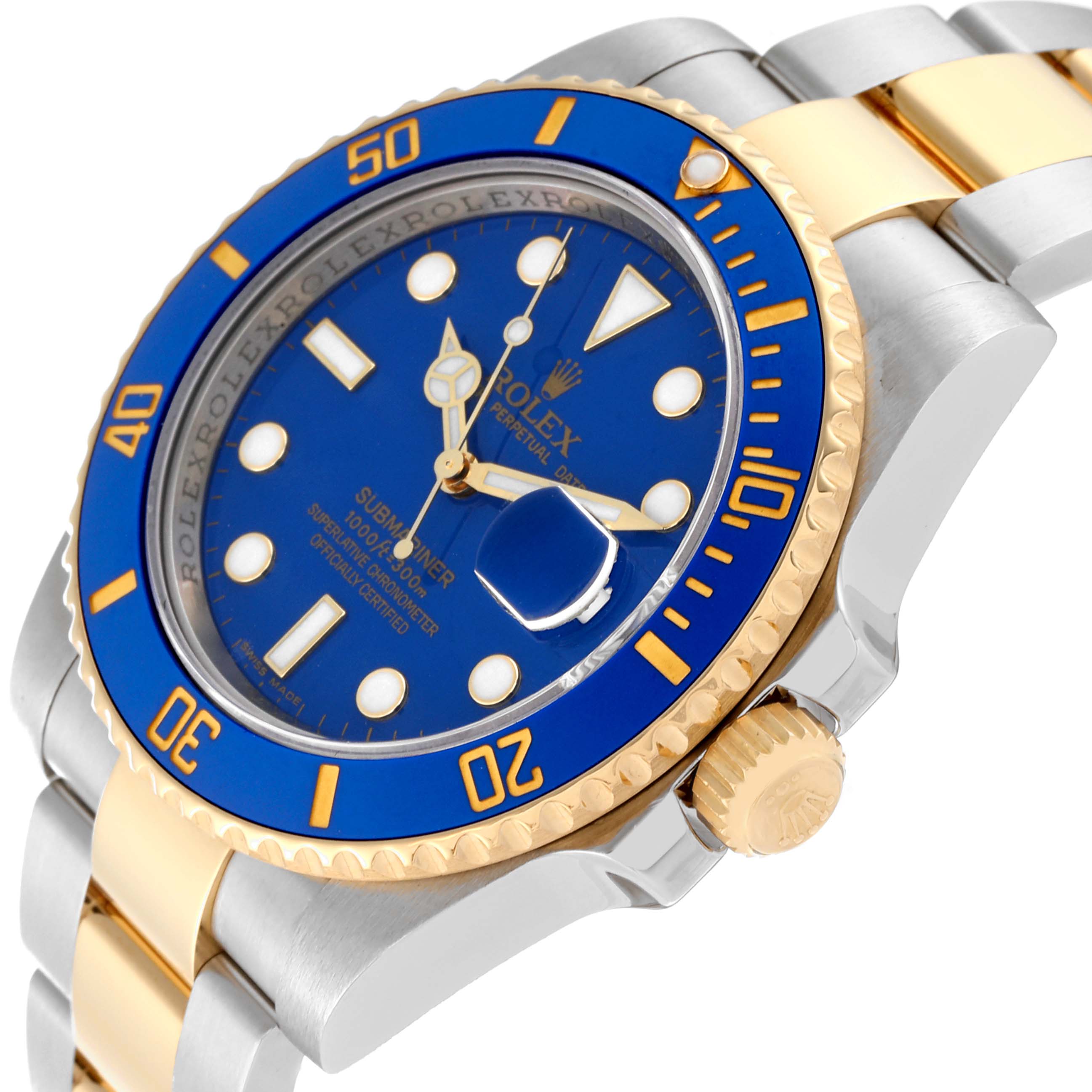 The image shows a close-up angled view of a Rolex Submariner 116613LB Men's Steel and Gold (two tone) Blue Dial 116613LB Men's Steel and Gold (two tone) Blue Dial watch, highlighting the blue and gold bezel, blue dial, crown, and two-tone bracelet.
