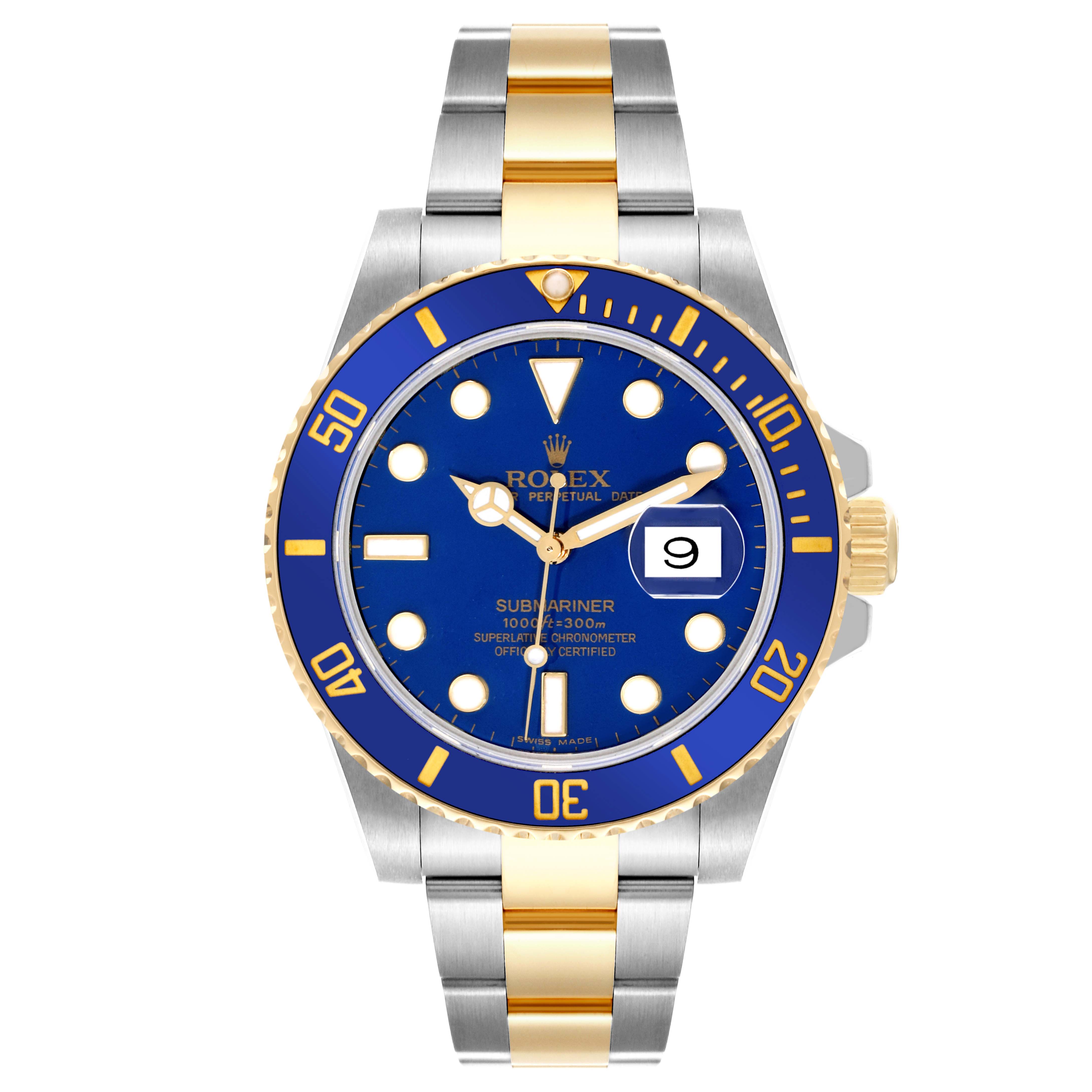 This image shows a Rolex Submariner 116613LB Men's Steel and Gold (two tone) Blue Dial 116613LB Men's Steel and Gold (two tone) Blue Dial watch, featuring a blue dial and bezel, gold accents, and a two-tone metal band from the front angle.