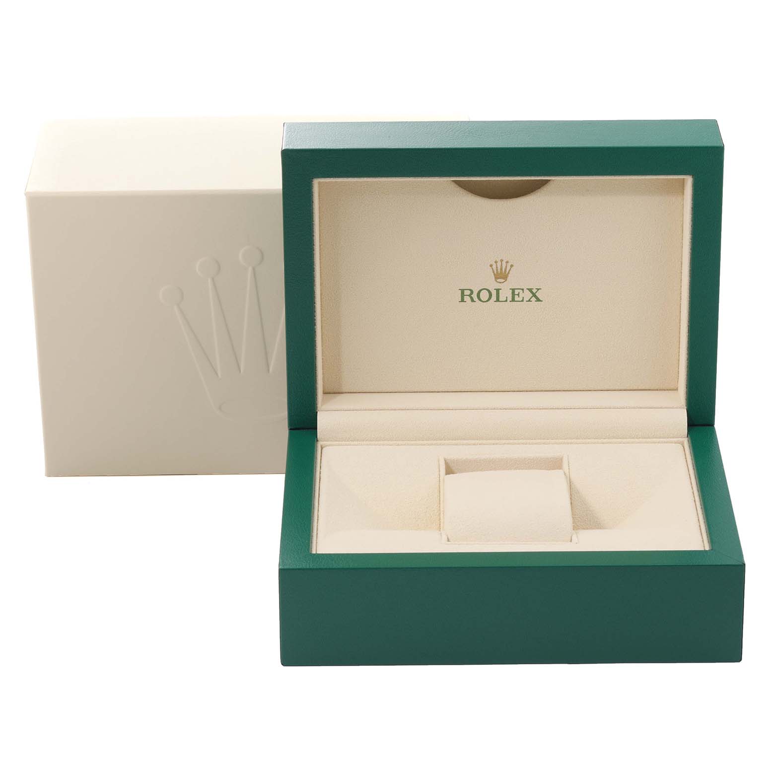 The image shows an open Rolex Submariner 116613LB Men's Steel and Gold (two tone) Blue Dial 116613LB Men's Steel and Gold (two tone) Blue Dial watch box with cream interior and green exterior.