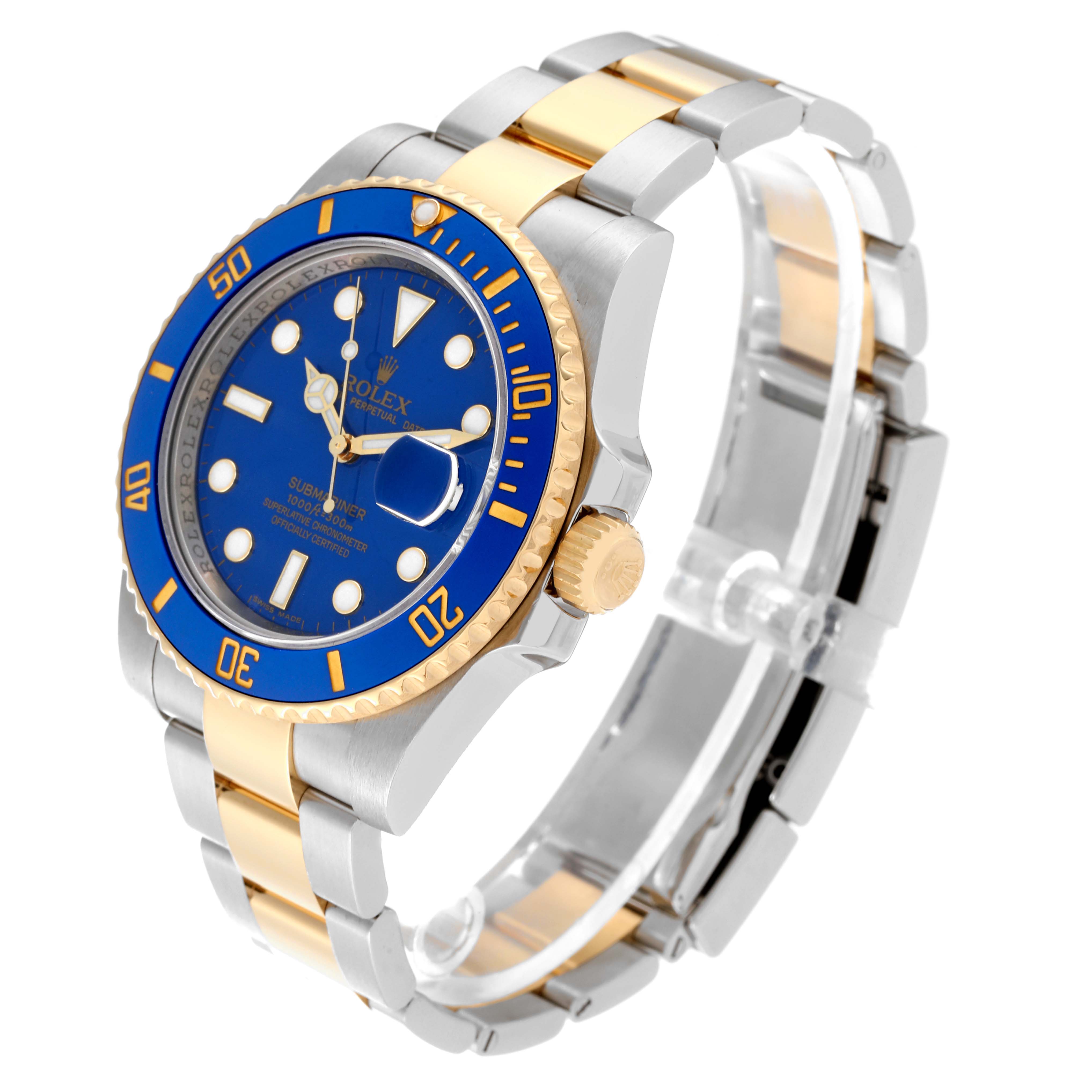 The Rolex Submariner 116613LB Men's Steel and Gold (two tone) Blue Dial 116613LB Men's Steel and Gold (two tone) Blue Dial watch is shown at an angled view, highlighting its blue dial, bezel, two-tone band, and crown.