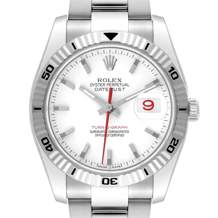 The image shows a frontal view of the Rolex Turn-o-Graph watch, highlighting its dial, bezel, and bracelet.