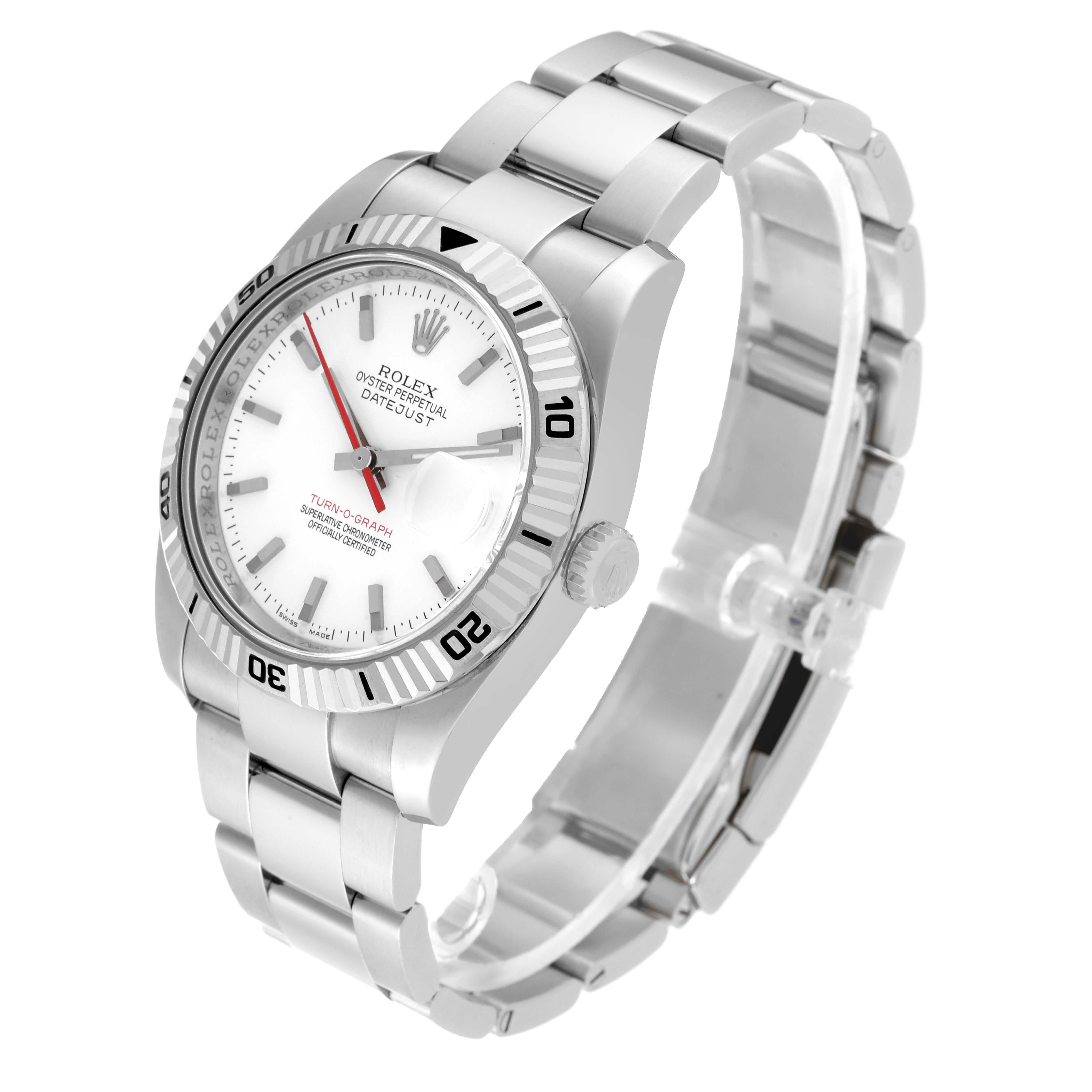 This image shows a Rolex Turn-o-Graph 116264 Men
s Stainless Steel White Dial 116264 Men
s Stainless Steel White Dial watch from a front angle, highlighting the face, bezel, and stainless steel bracelet.