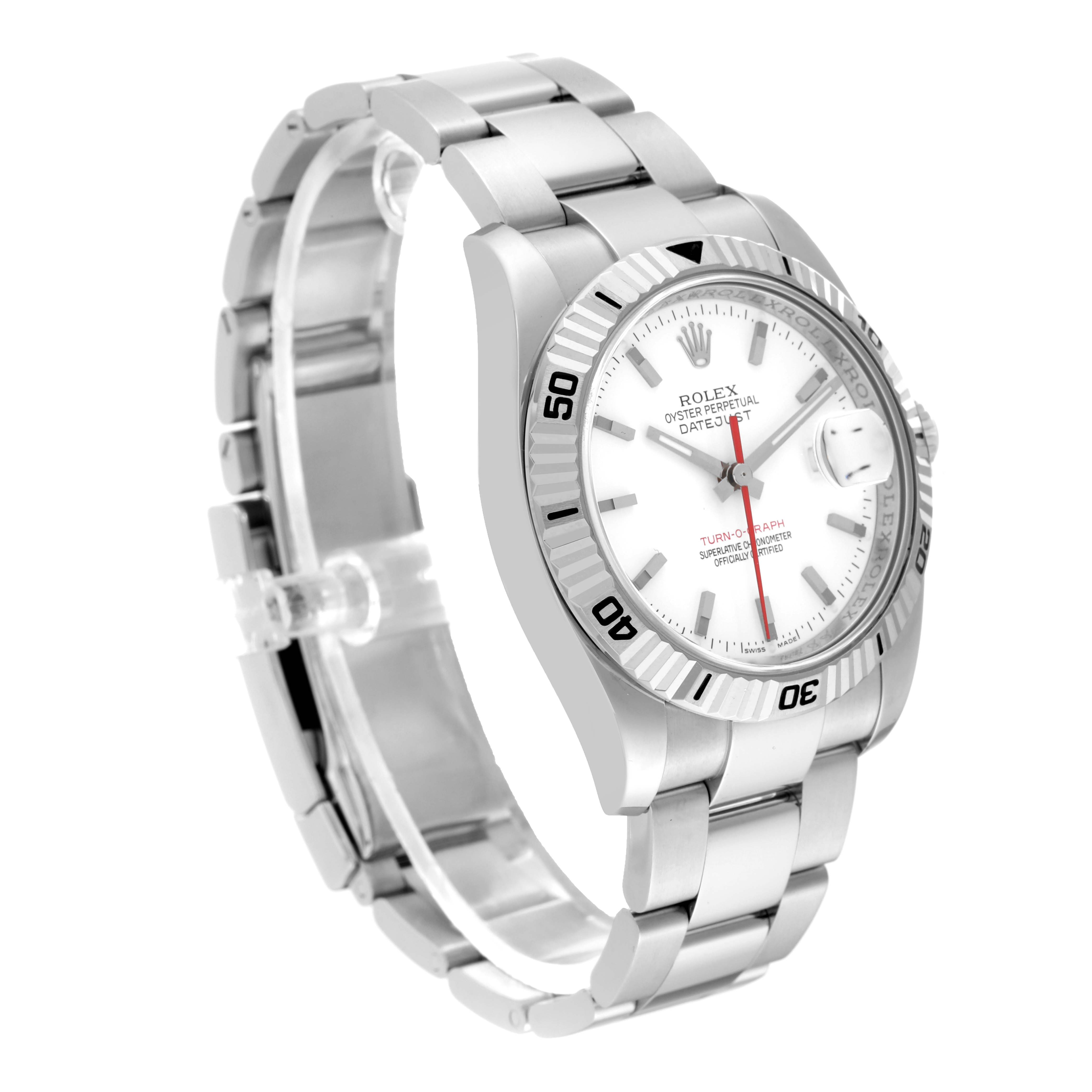 The image shows the Rolex Turn-o-Graph 116264 Men
s Stainless Steel White Dial 116264 Men
s Stainless Steel White Dial watch at an angled side view, highlighting the face, bezel, and stainless steel bracelet.