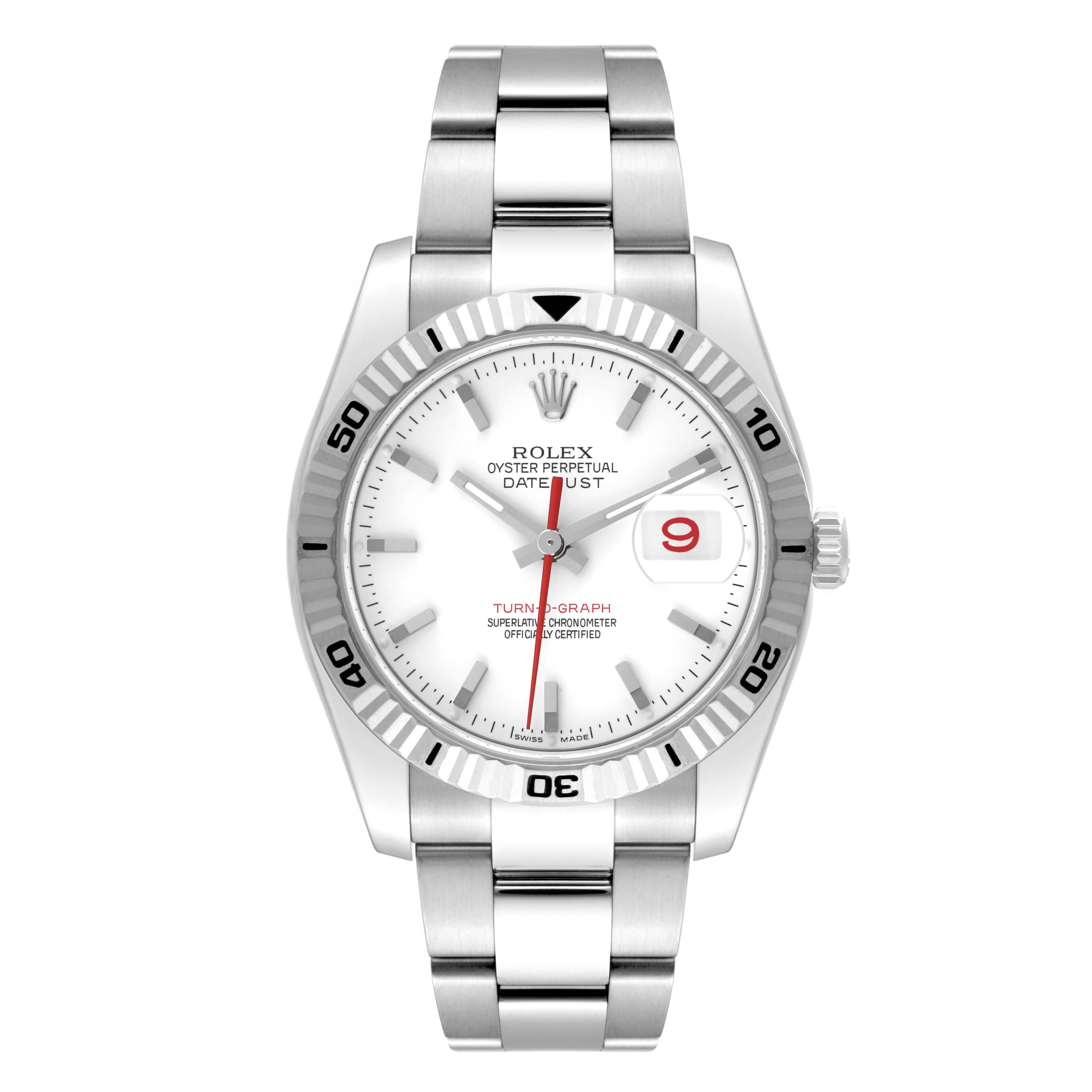 This image shows a Rolex Turn-o-Graph 116264 Men
s Stainless Steel White Dial 116264 Men
s Stainless Steel White Dial watch from a top-down angle, displaying the dial, bezel, and bracelet.