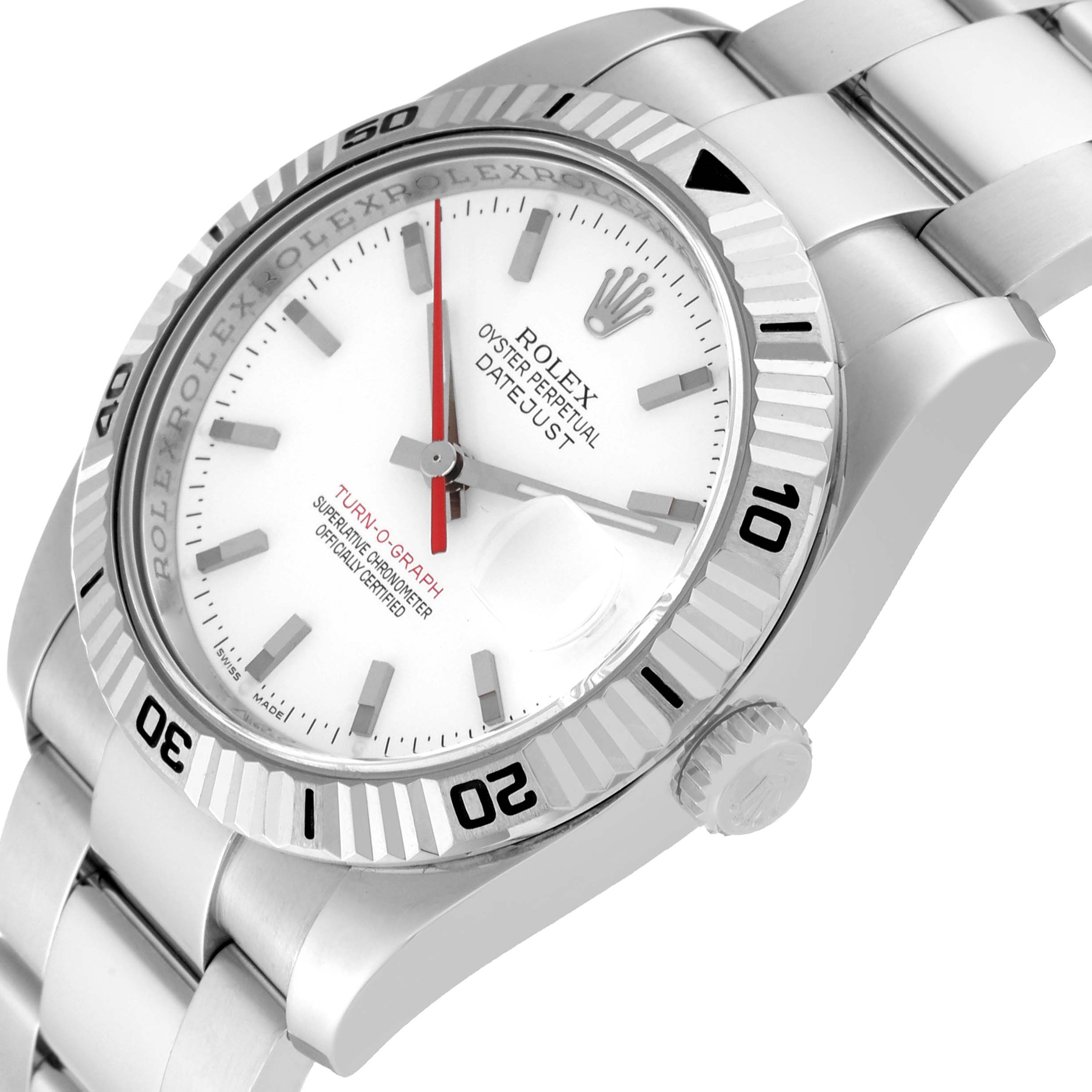 The image shows a Rolex Turn-o-Graph 116264 Men
s Stainless Steel White Dial 116264 Men
s Stainless Steel White Dial watch at an angle highlighting the dial, bezel, crown, and part of the bracelet.