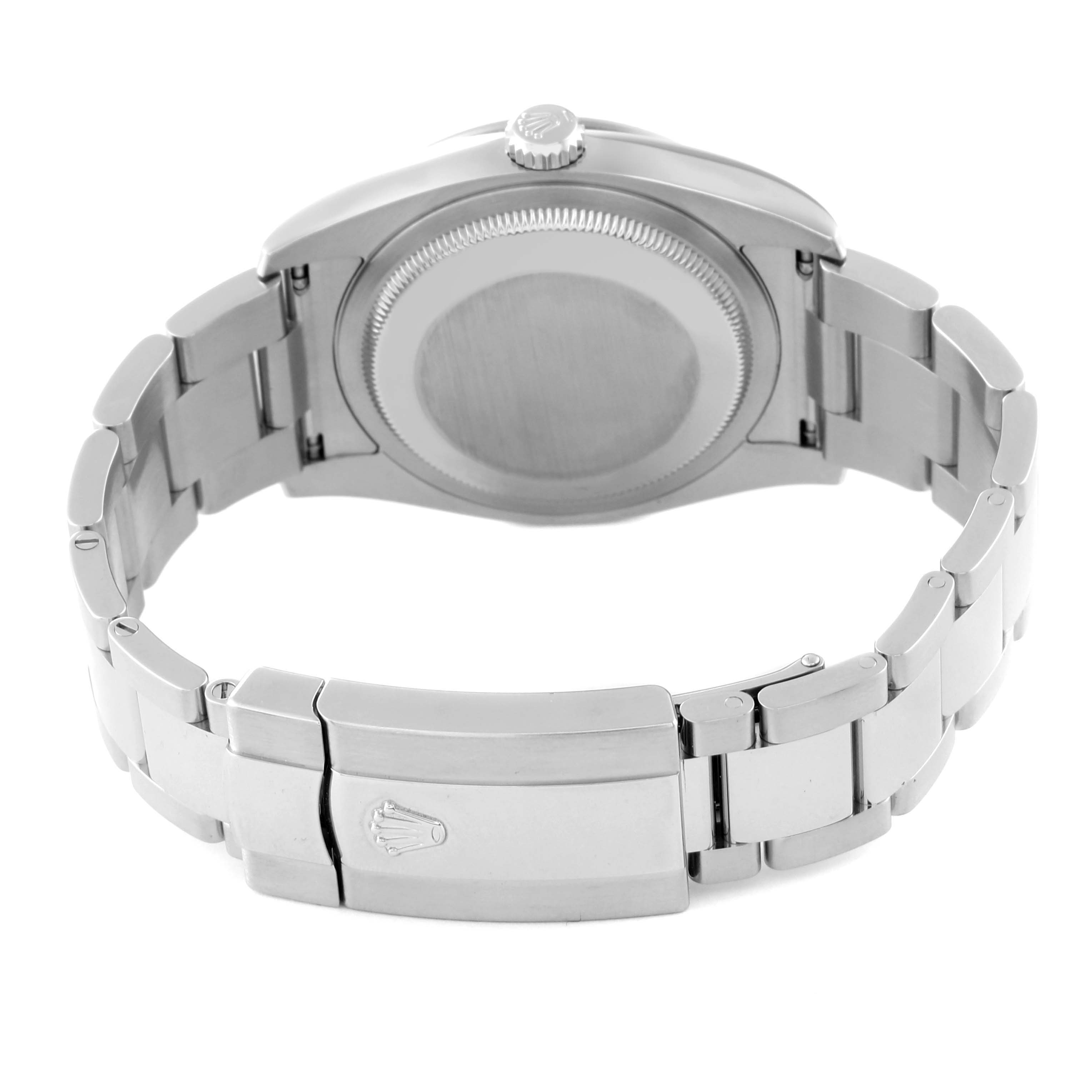This image shows the back side and bracelet clasp of the Rolex Turn-o-Graph 116264 Men
s Stainless Steel White Dial 116264 Men
s Stainless Steel White Dial watch at a straight-on angle.