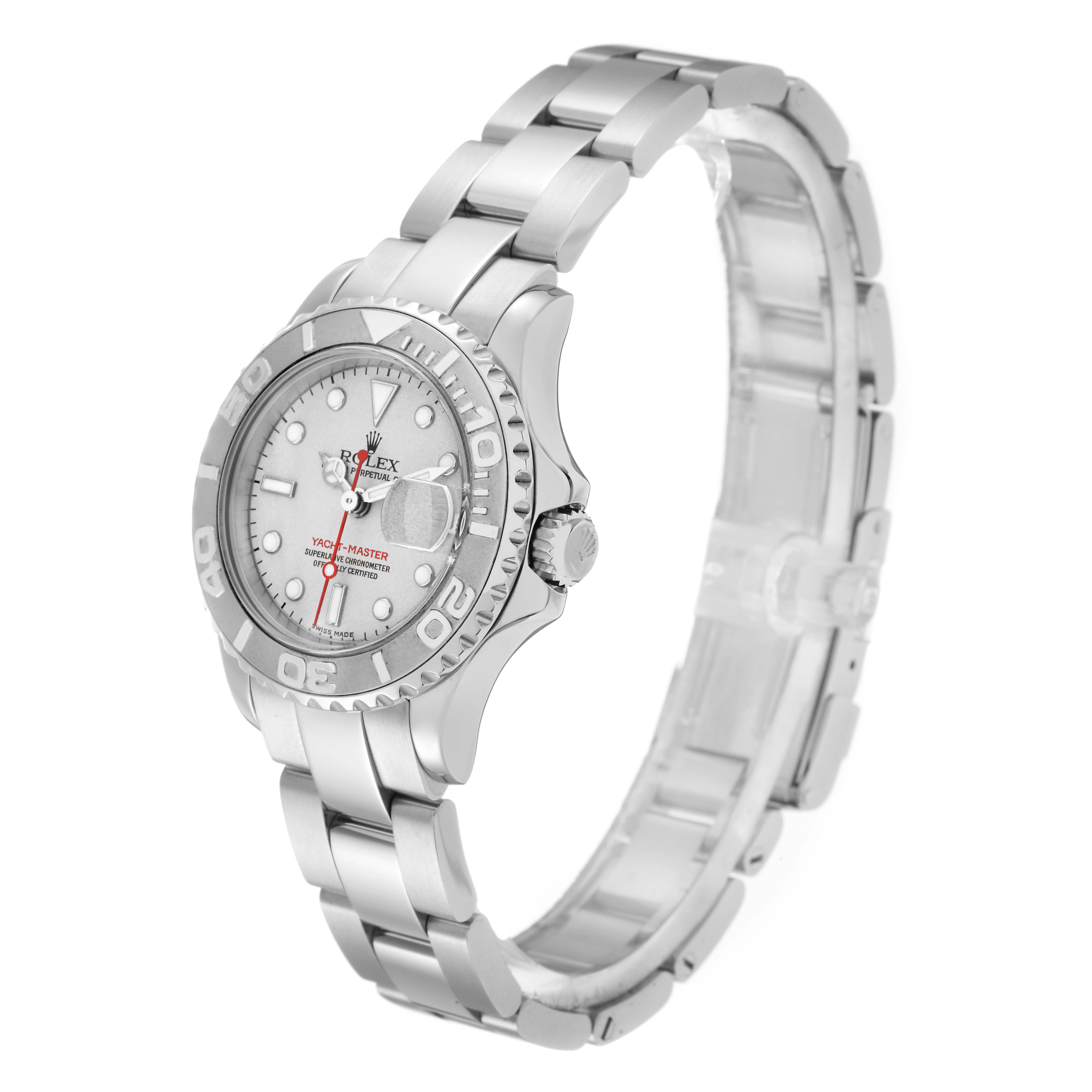 This image shows a Rolex Yacht-Master 169622 Women
s Platinum Silver Dial 169622 Women
s Platinum Silver Dial watch at a slightly angled side view, highlighting the bezel, dial, and bracelet.