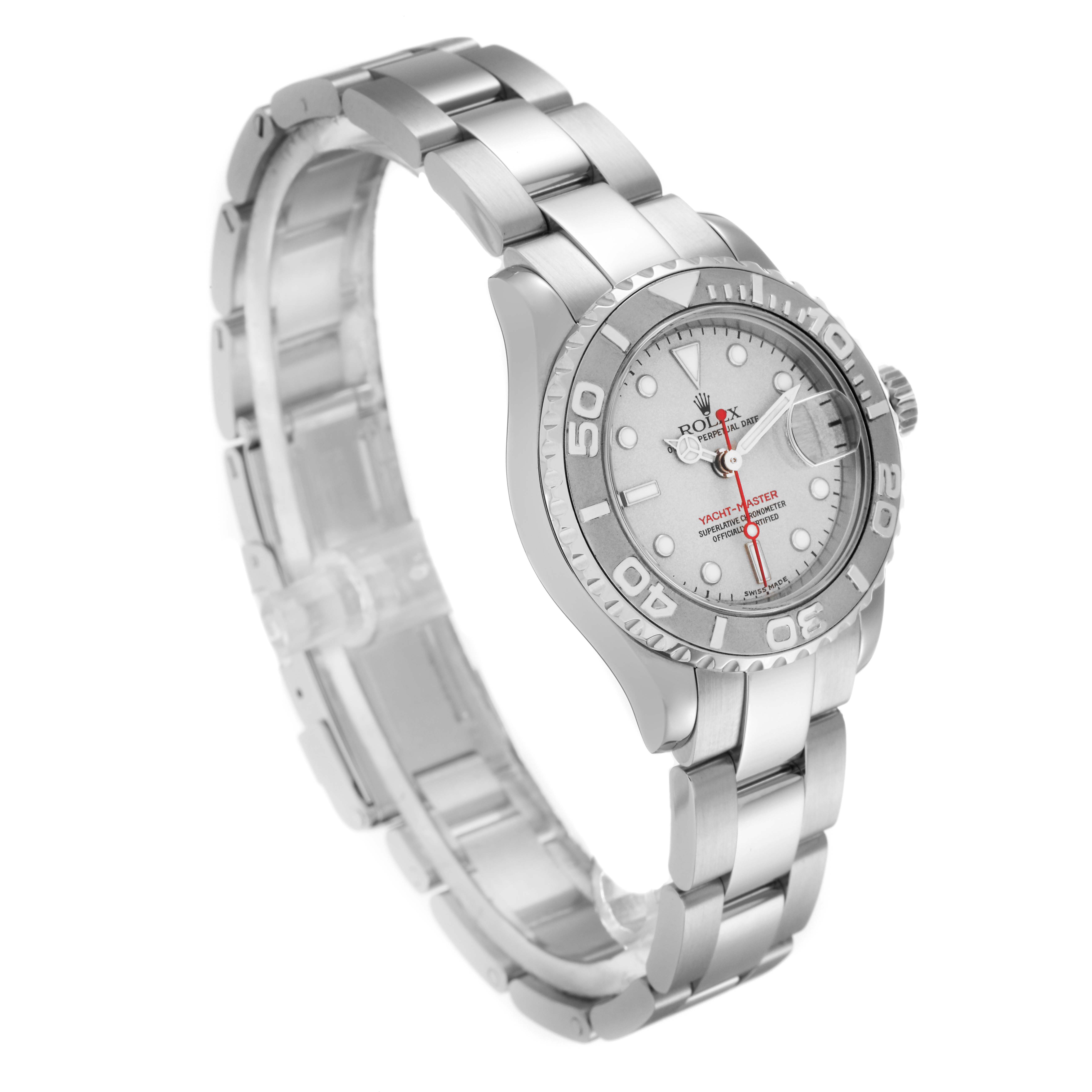 The Rolex Yacht-Master 169622 Women
s Platinum Silver Dial 169622 Women
s Platinum Silver Dial watch is shown at a slight angle, displaying the face, bezel, and bracelet.