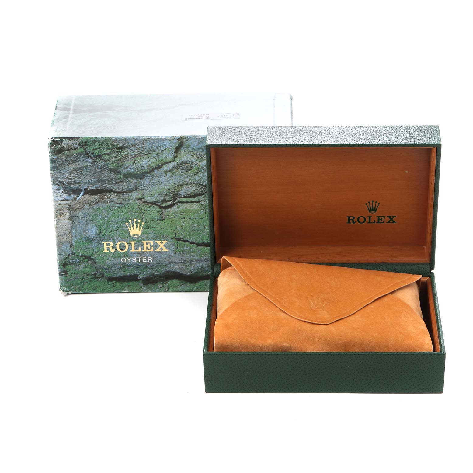 The image shows the box and case for a Rolex Yacht-Master 169622 Women
s Platinum Silver Dial 169622 Women
s Platinum Silver Dial, with a closed green box and inner tan pouch.