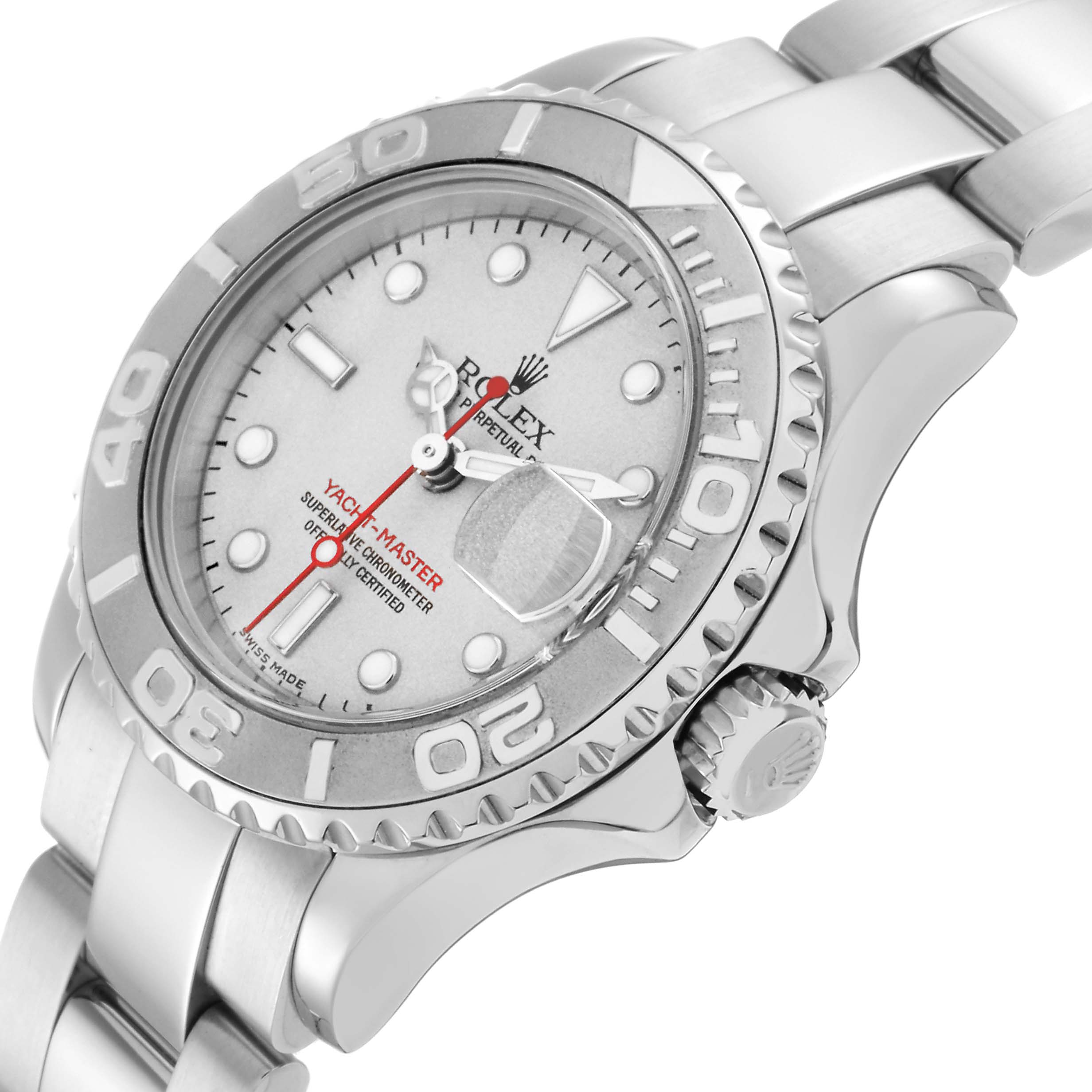 The Rolex Yacht-Master 169622 Women
s Platinum Silver Dial 169622 Women
s Platinum Silver Dial watch is shown at a slight angle, highlighting the bezel, face, and partially the bracelet.