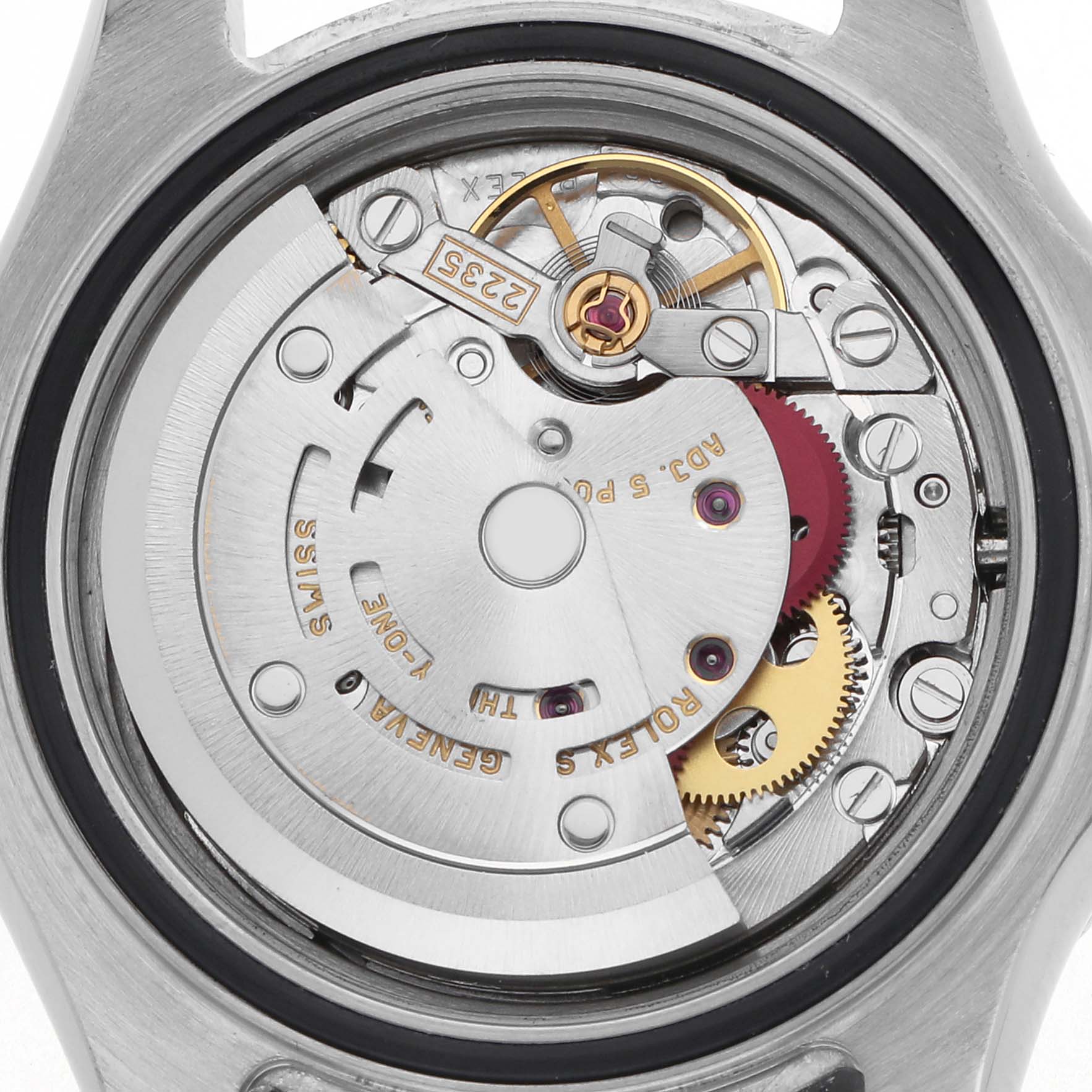 The image shows the back view of a Rolex Yacht-Master 169622 Women
s Platinum Silver Dial 169622 Women
s Platinum Silver Dial watch, highlighting its intricate movement mechanism.