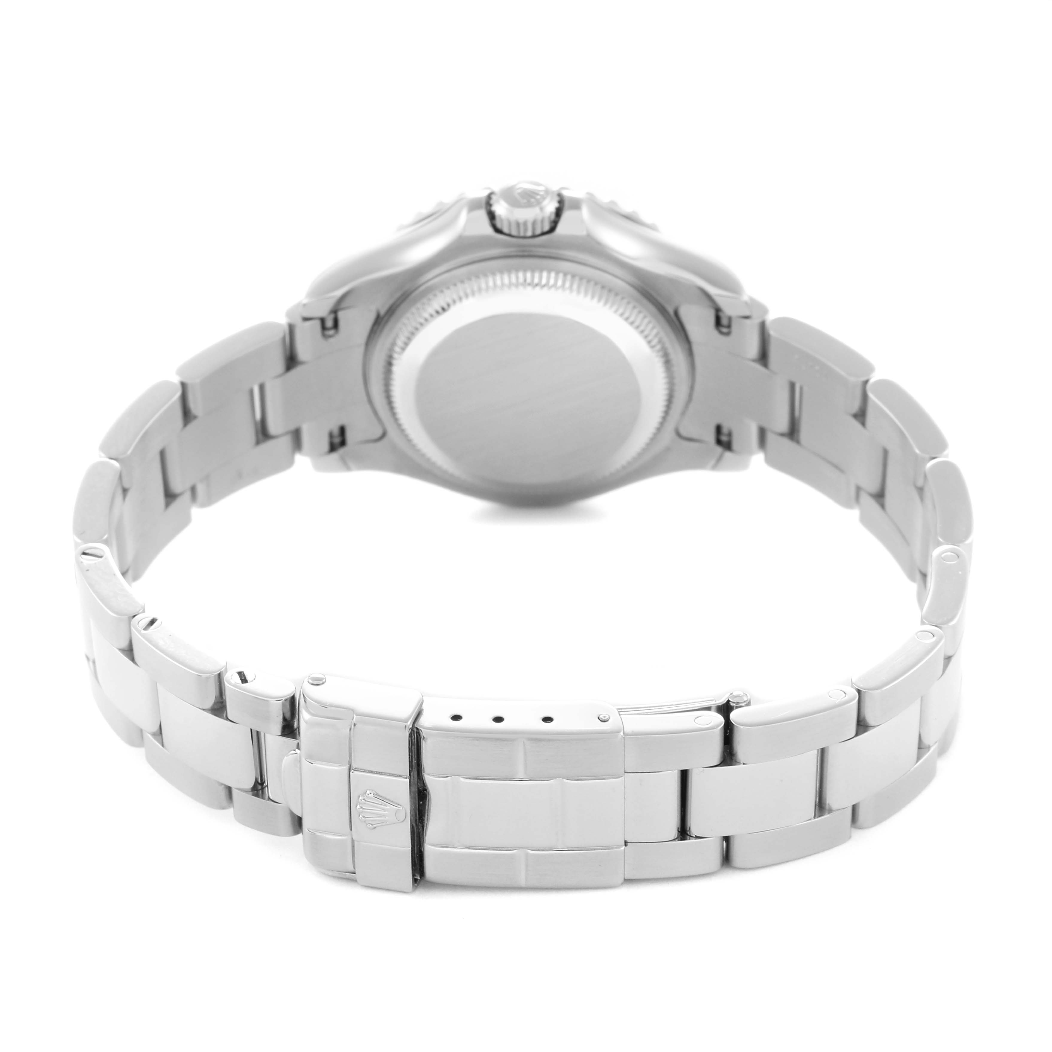 The image shows the back of the Rolex Yacht-Master 169622 Women
s Platinum Silver Dial 169622 Women
s Platinum Silver Dial watch, highlighting the bracelet, clasp, and caseback.