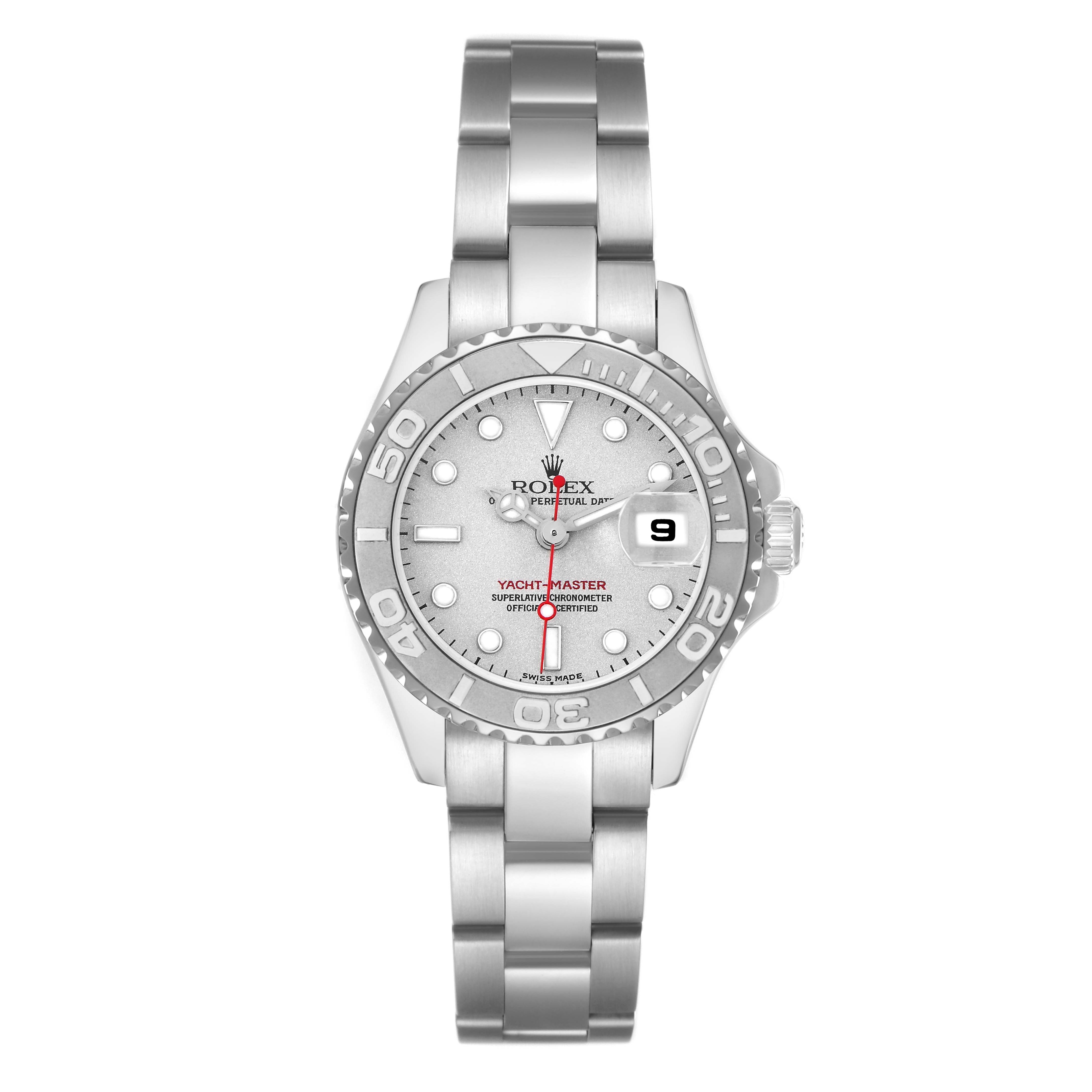 The Rolex Yacht-Master 169622 Women
s Platinum Silver Dial 169622 Women
s Platinum Silver Dial watch is shown from the front, highlighting the dial, bezel, bracelet, and date feature.