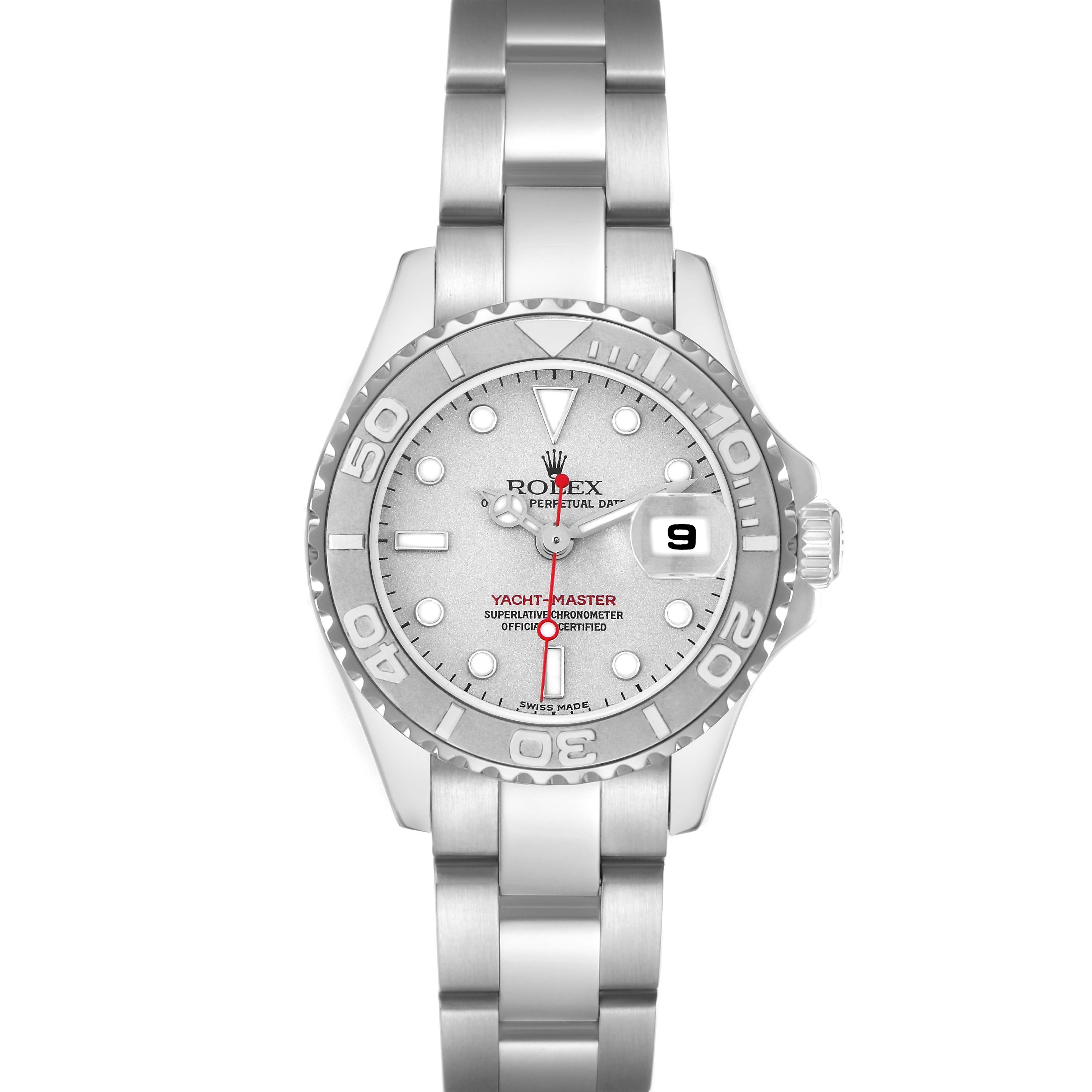 The Rolex Yacht-Master 169622 Women
s Platinum Silver Dial 169622 Women
s Platinum Silver Dial watch is shown from the front, displaying the dial, bezel, crown, and bracelet.