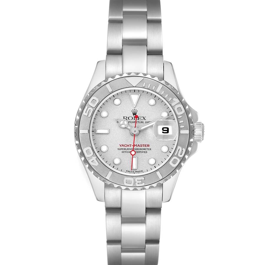 The Rolex Yacht-Master watch is shown from the front, displaying the dial, bezel, crown, and bracelet.
