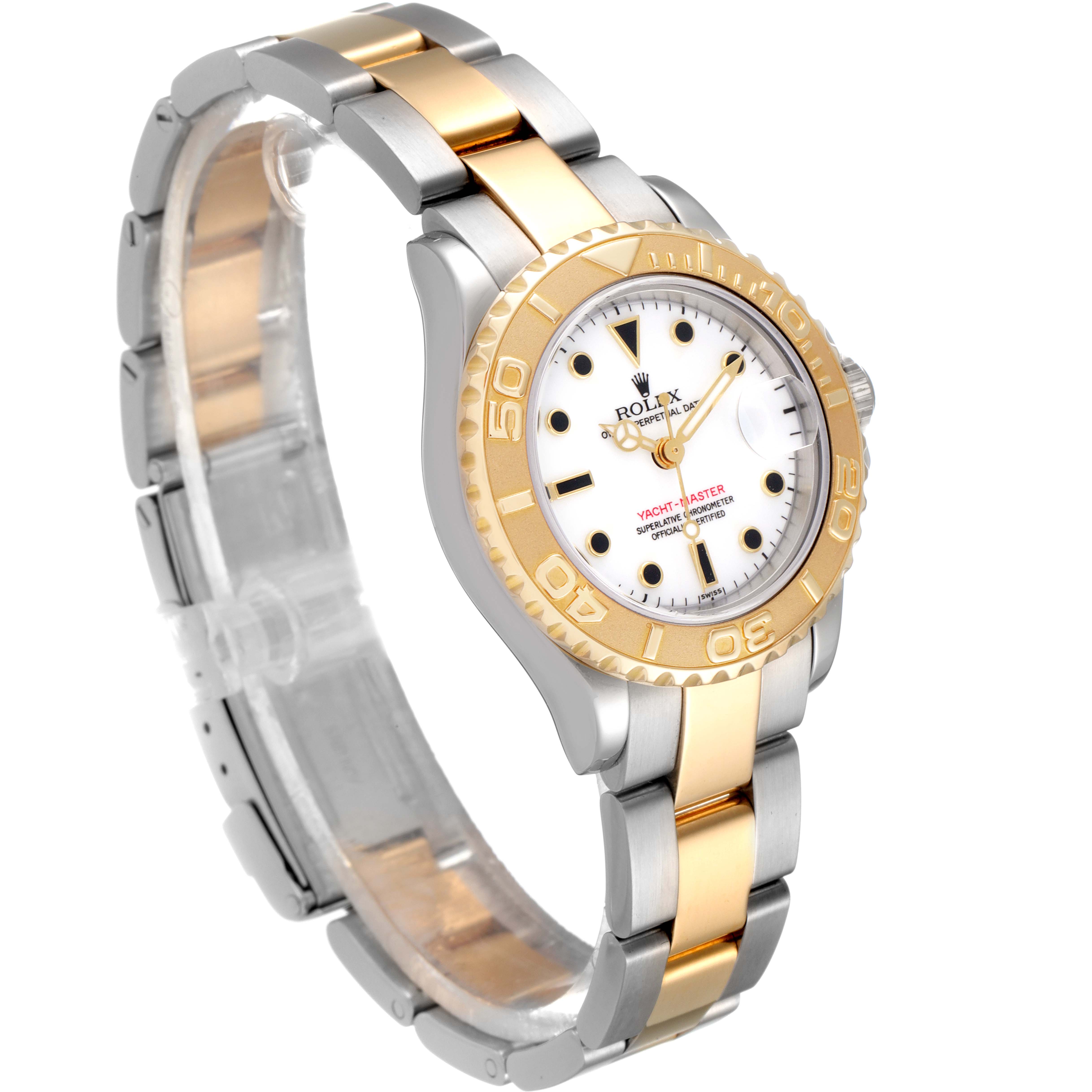 This Rolex Yacht-Master 69623 Women's Steel and Gold (two tone) White Dial 69623 Women's Steel and Gold (two tone) White Dial watch is shown at a three-quarter angle highlighting the face, bezel, and bracelet.