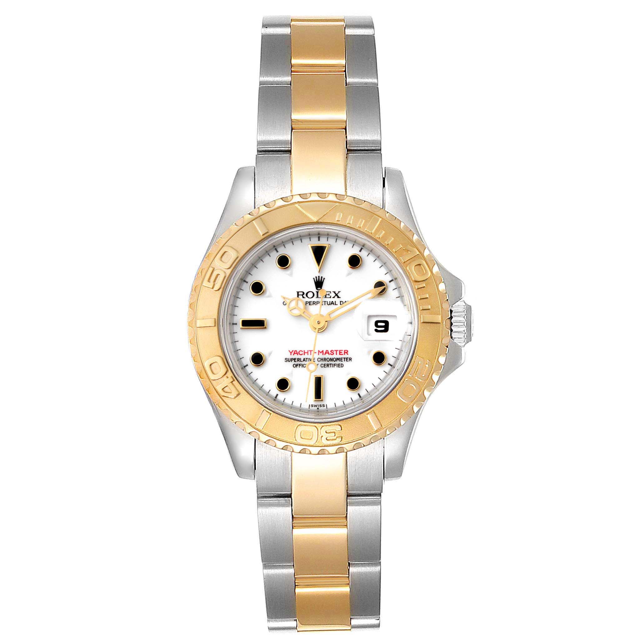 The image shows a full frontal view of a Rolex Yacht-Master 69623 Women's Steel and Gold (two tone) White Dial 69623 Women's Steel and Gold (two tone) White Dial watch, highlighting its dial, bezel, and two-tone bracelet.