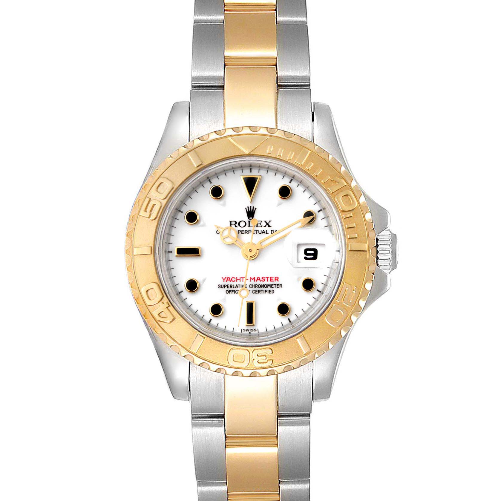 This Rolex Yacht-Master 69623 Women's Steel and Gold (two tone) White Dial 69623 Women's Steel and Gold (two tone) White Dial watch is shown from a top-down angle, highlighting the dial, bezel, and bracelet.