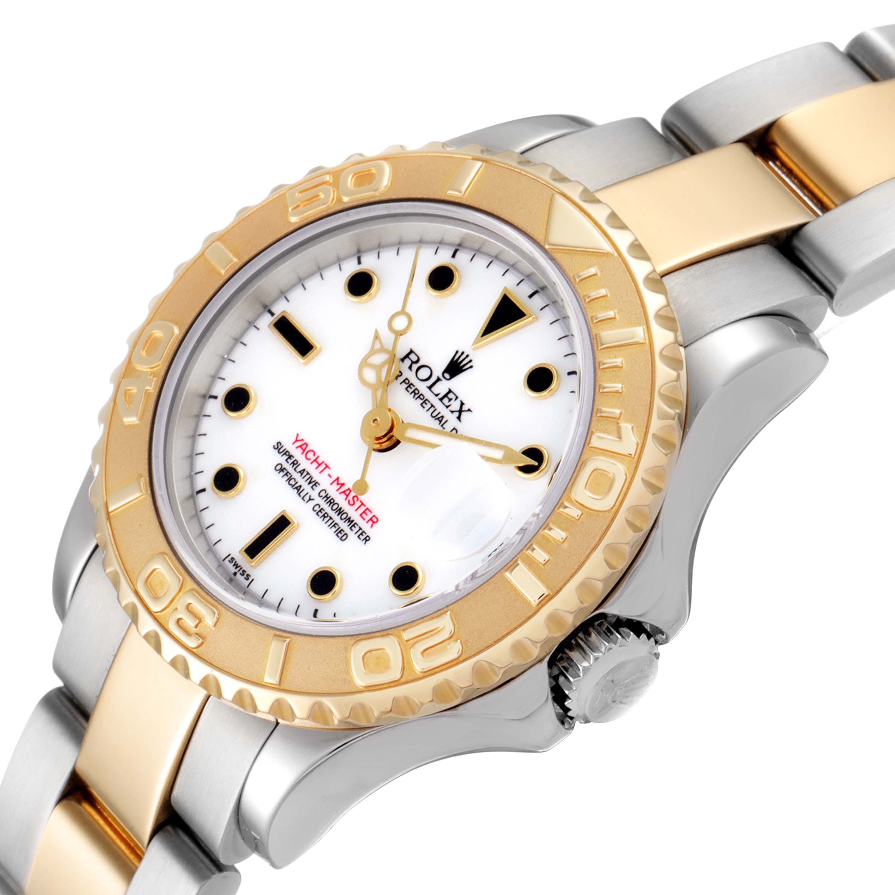 The image shows a Rolex Yacht-Master 69623 Women's Steel and Gold (two tone) White Dial 69623 Women's Steel and Gold (two tone) White Dial watch at an angled close-up, highlighting the dial, bezel, and partial bracelet.