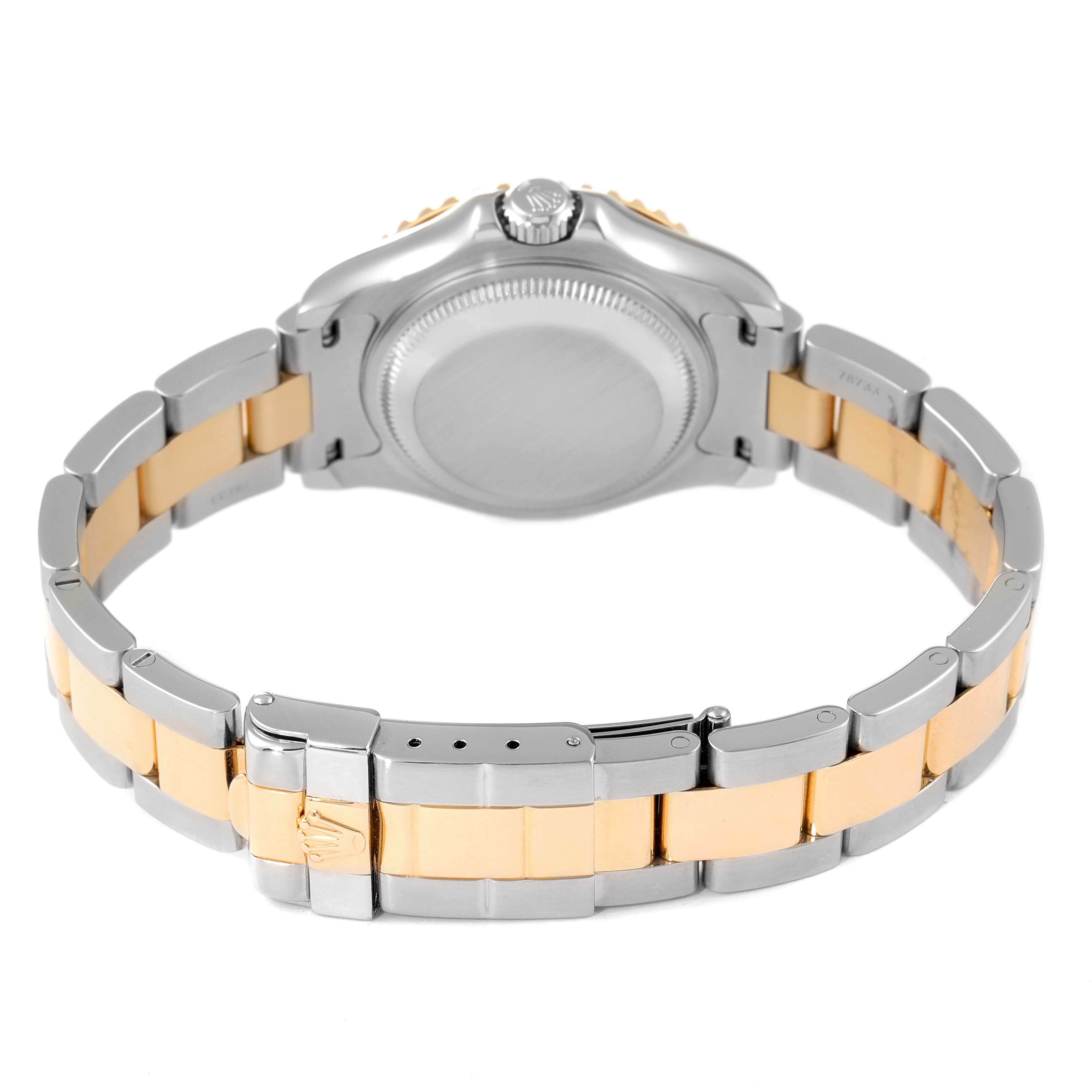 The image shows the back side and bracelet of a Rolex Yacht-Master 69623 Women's Steel and Gold (two tone) White Dial 69623 Women's Steel and Gold (two tone) White Dial watch with a two-tone design.