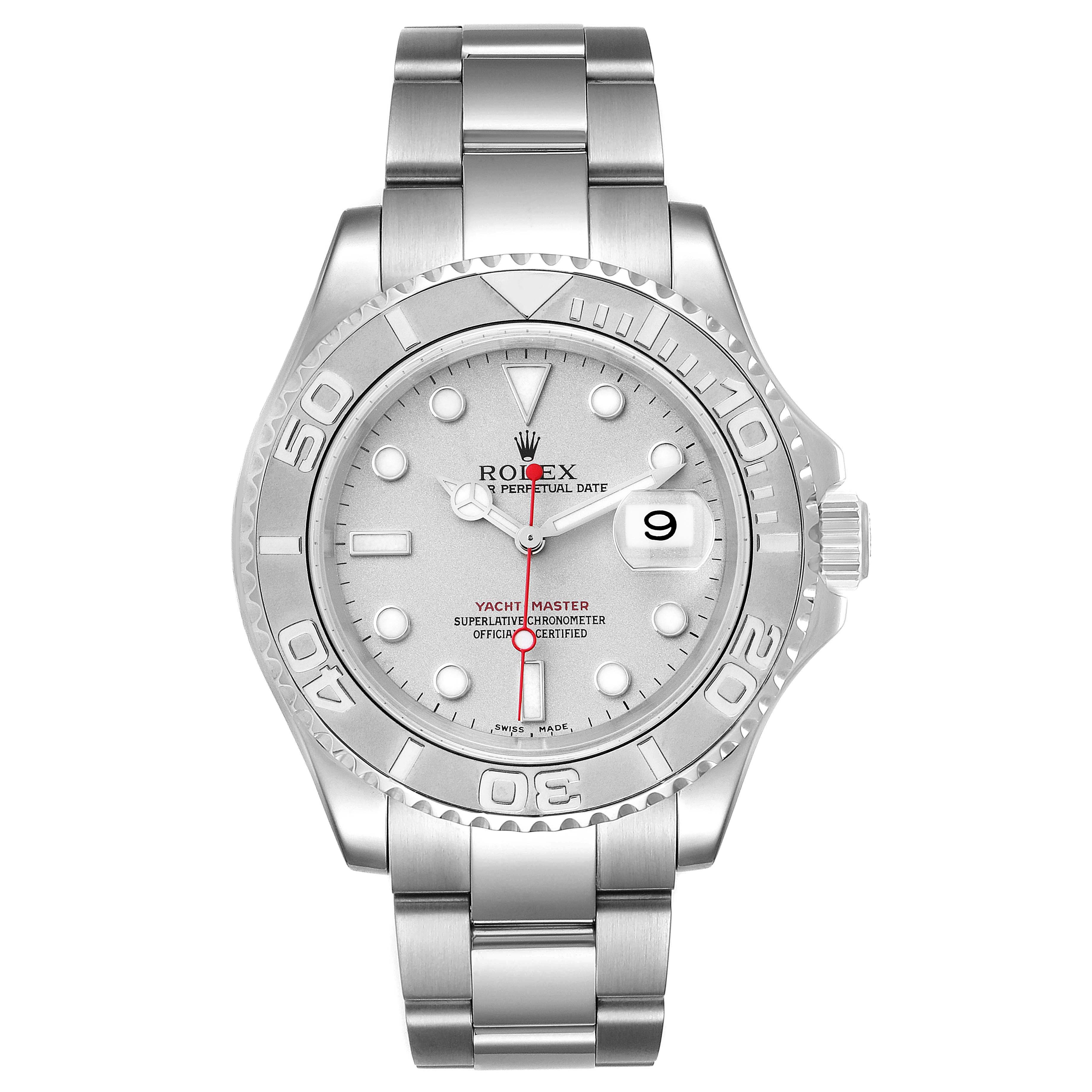 This image shows a front view of the Rolex Yacht-Master 16622 Men
s Stainless Steel Silver Dial 16622 Men
s Stainless Steel Silver Dial watch, displaying its dial, bezel, and bracelet.