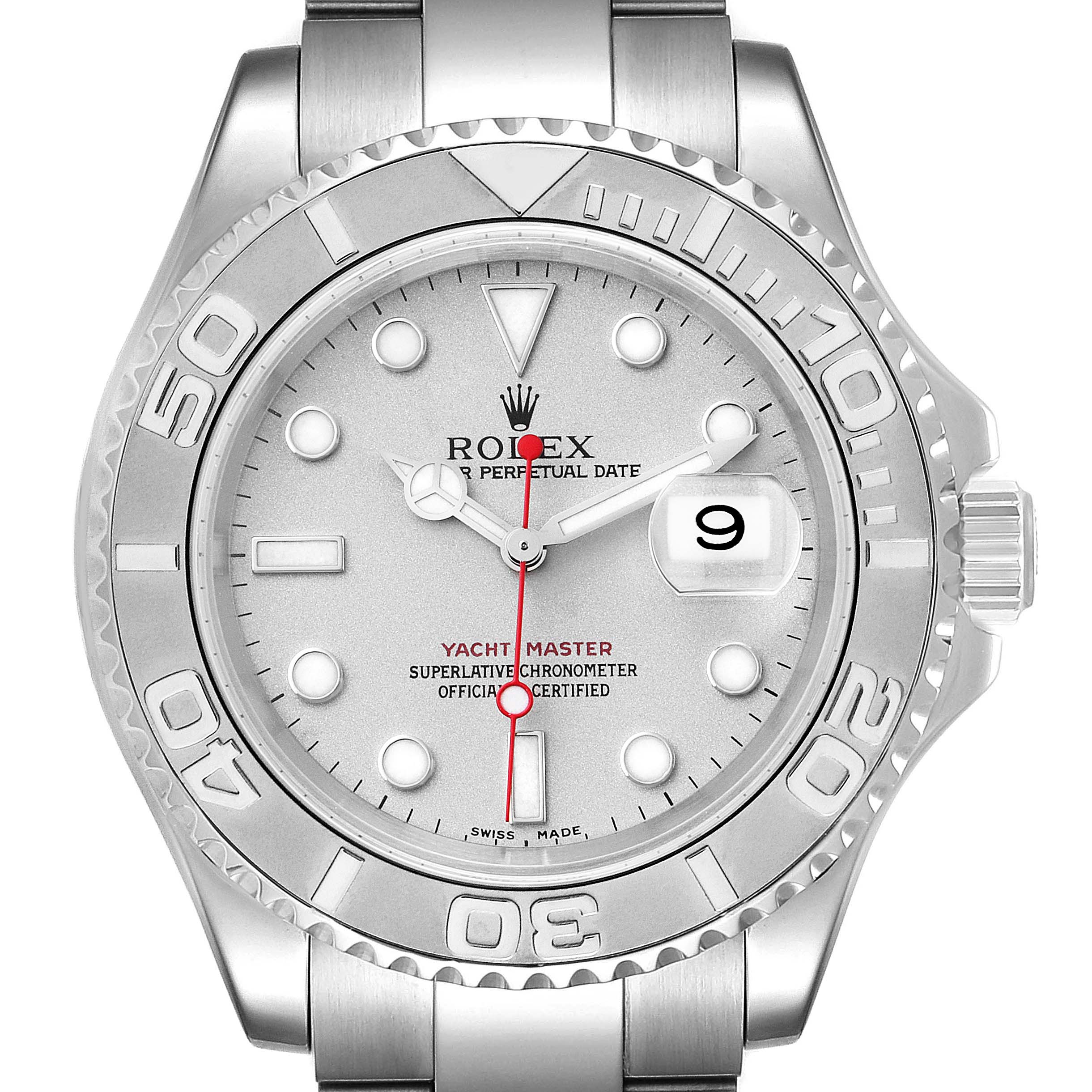 The image shows a front view of a Rolex Yacht-Master 16622 Men
s Stainless Steel Silver Dial 16622 Men
s Stainless Steel Silver Dial watch, highlighting the dial, hands, bezel, and bracelet.