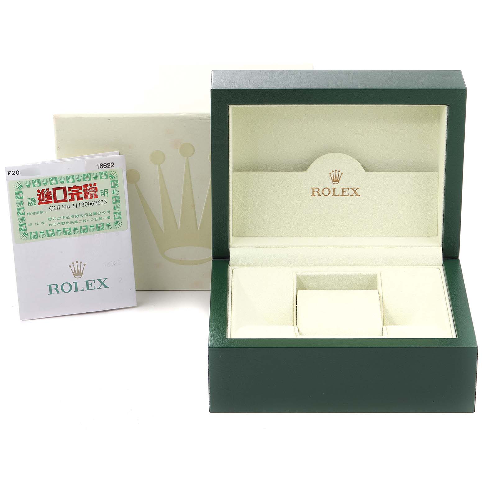 The image shows an open green Rolex watch box with a booklet; the box interior is cream-colored, suited for a Yacht-Master model.