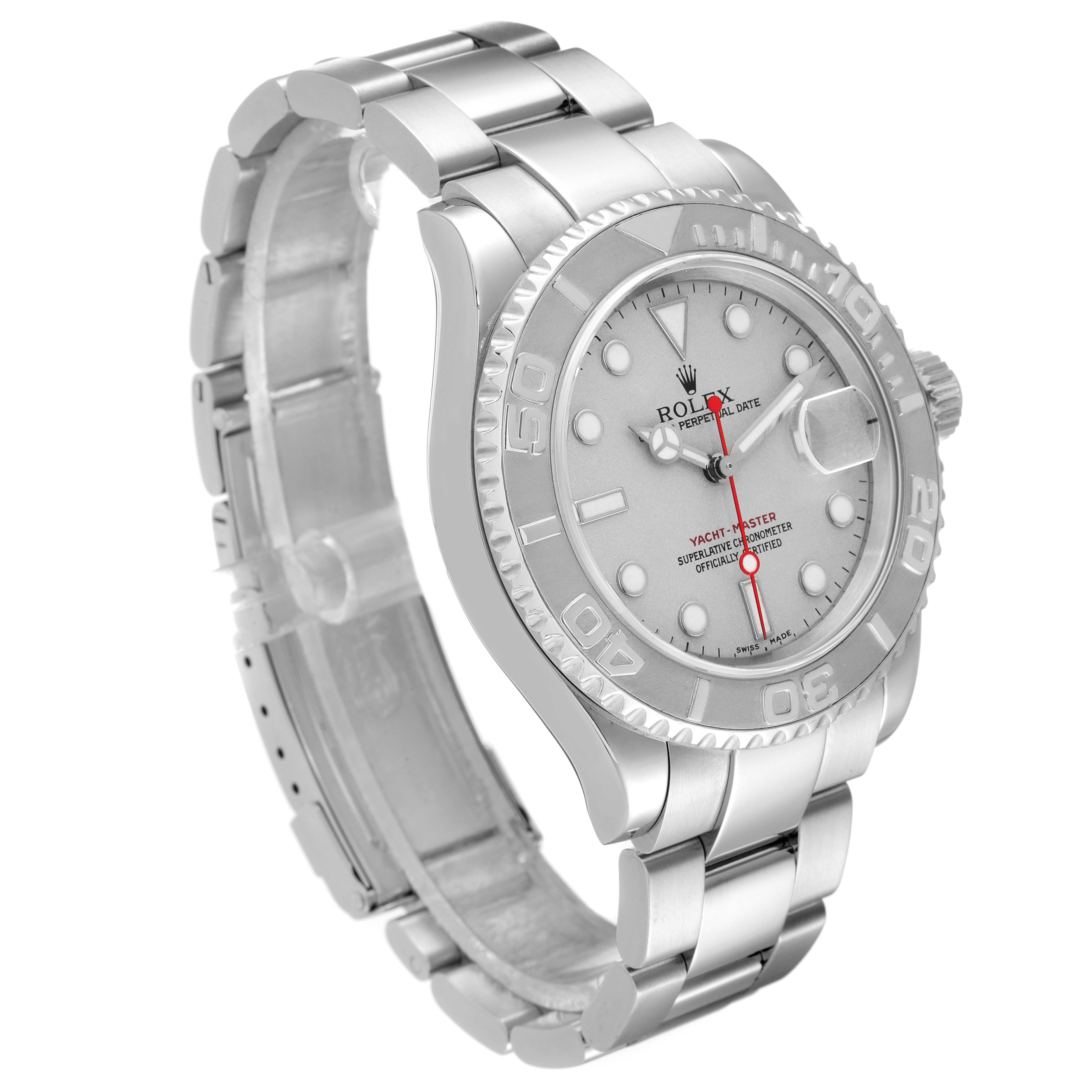 The Rolex Yacht-Master 16622 Men
s Stainless Steel Silver Dial 16622 Men
s Stainless Steel Silver Dial watch is shown at a slight angle, highlighting the face, bezel, and part of the bracelet.