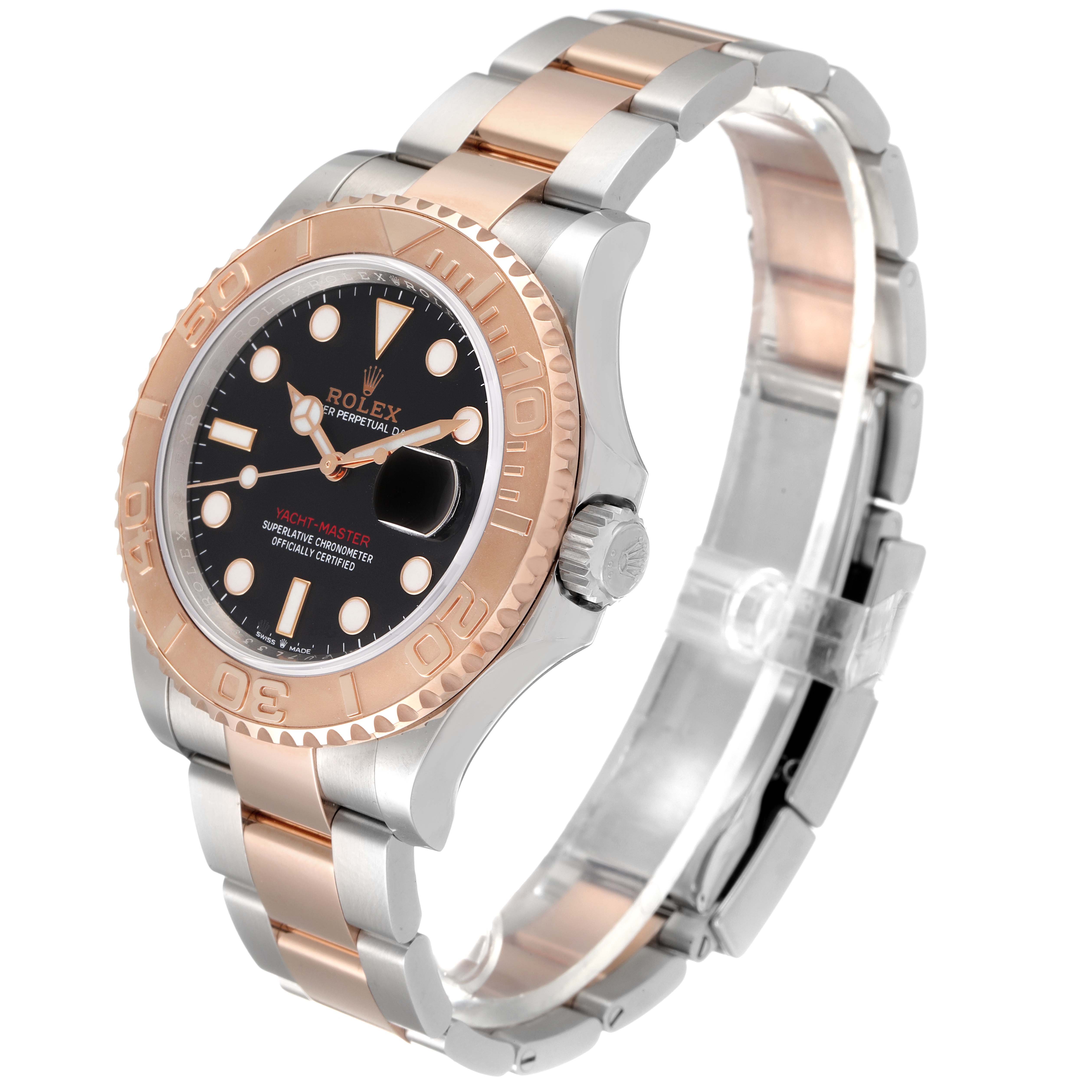 This Rolex Yacht-Master 126621 Men
s Steel and Gold (two tone) Black Dial 126621 Men
s Steel and Gold (two tone) Black Dial watch is shown at a three-quarter angle, displaying the dial, bezel, crown, and bracelet.