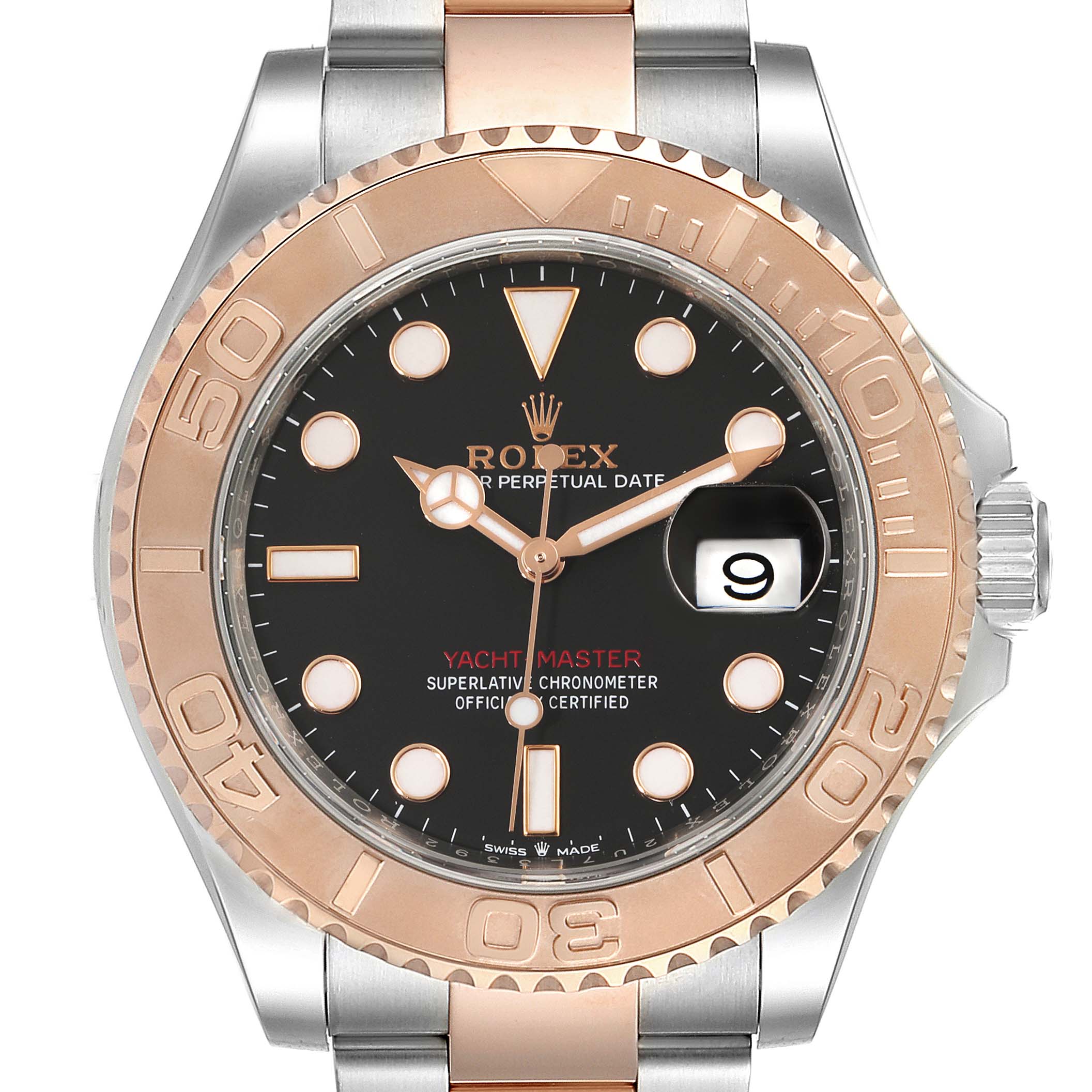 The Rolex Yacht-Master 126621 Men
s Steel and Gold (two tone) Black Dial 126621 Men
s Steel and Gold (two tone) Black Dial watch is shown from a front angle, displaying its face, bezel, crown, and part of the bracelet.