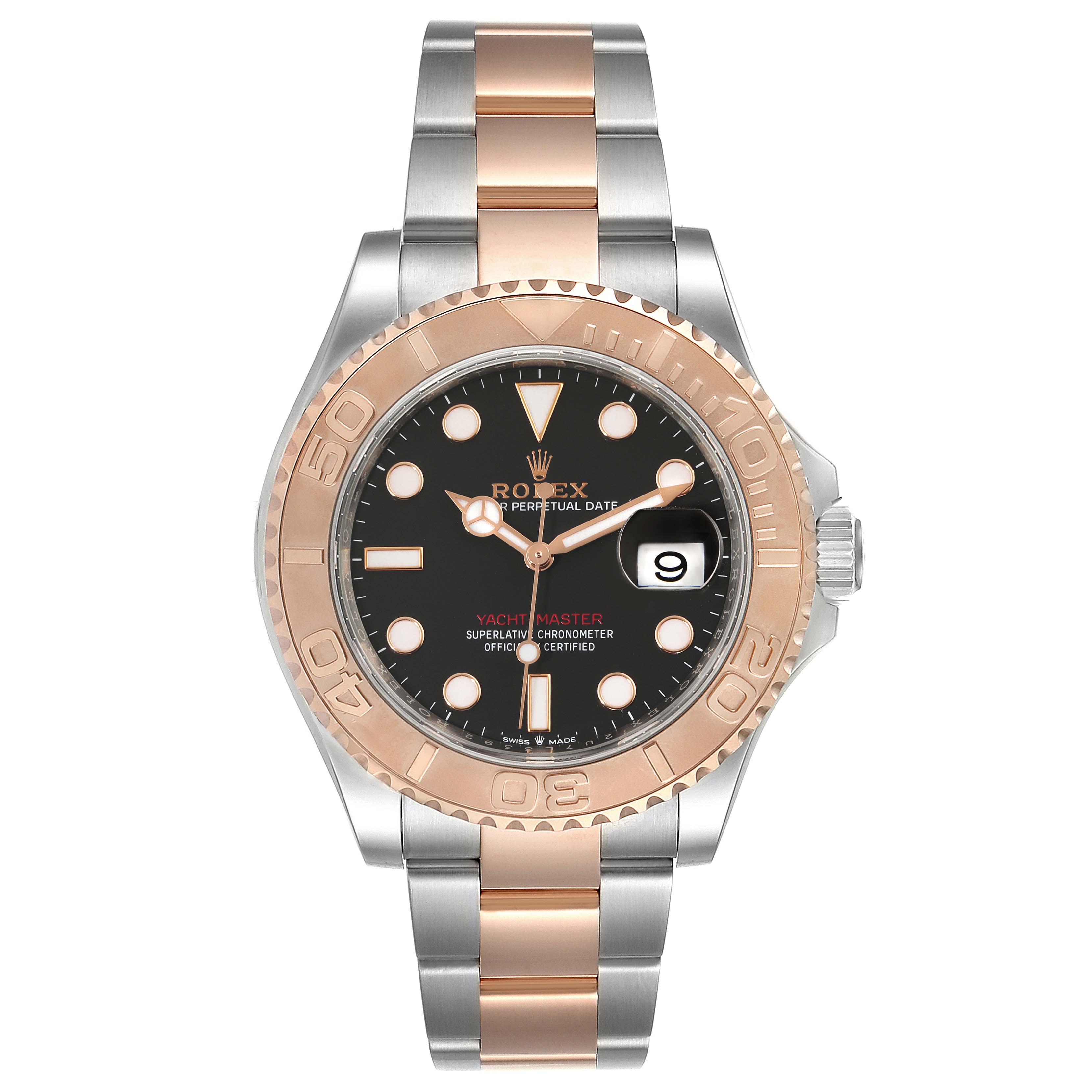 The Rolex Yacht-Master 126621 Men
s Steel and Gold (two tone) Black Dial 126621 Men
s Steel and Gold (two tone) Black Dial watch is shown from the front, featuring its dial, bezel, and two-tone bracelet.