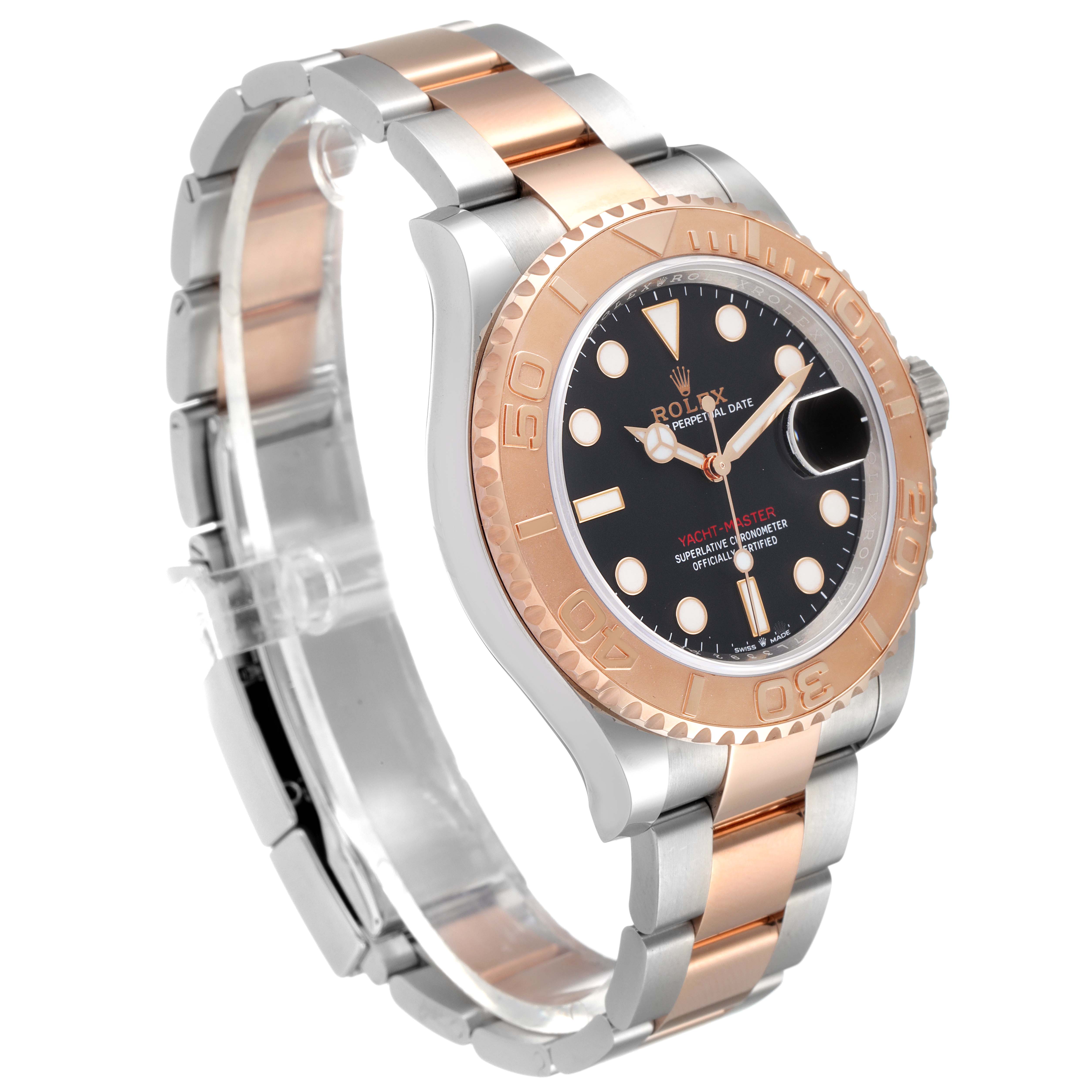 The image shows a side angle of the Rolex Yacht-Master 126621 Men
s Steel and Gold (two tone) Black Dial 126621 Men
s Steel and Gold (two tone) Black Dial watch, highlighting its two-tone metal bracelet, bezel, and black dial.