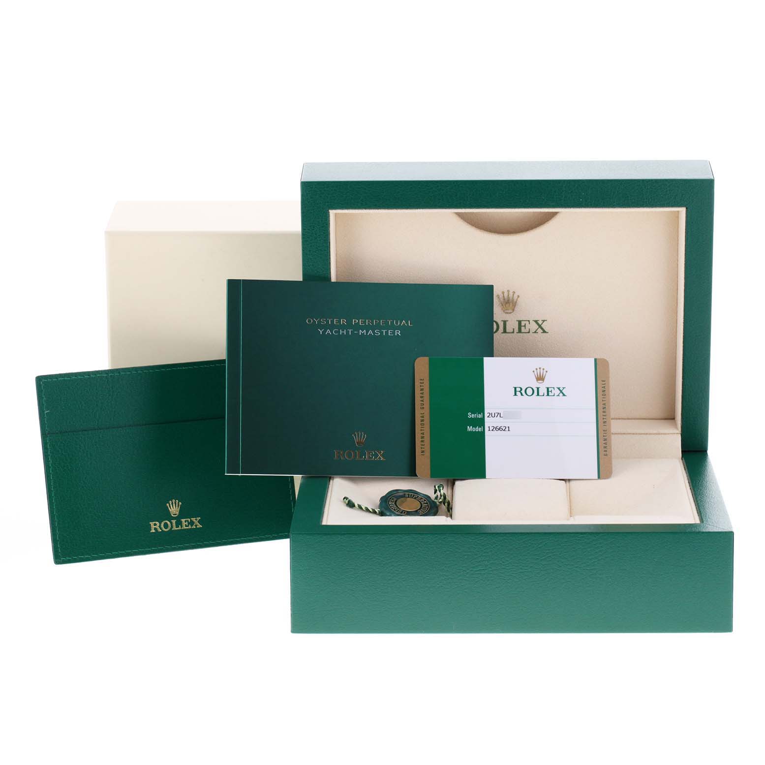 The image shows the packaging, warranty card, and manual for a Rolex Yacht-Master 126621 Men
s Steel and Gold (two tone) Black Dial 126621 Men
s Steel and Gold (two tone) Black Dial watch.