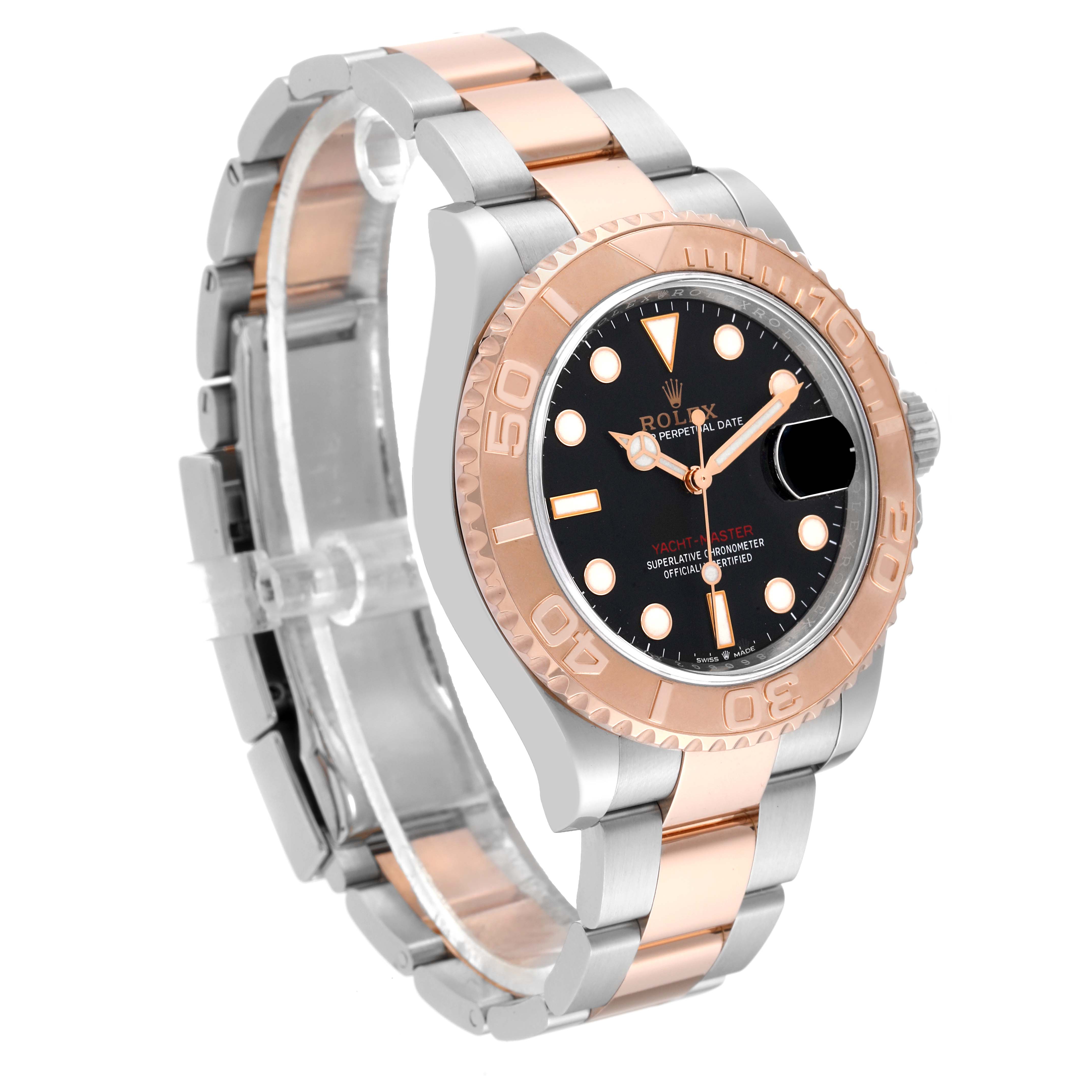 The image shows a Rolex Yacht-Master 126621 Men
s Steel and Gold (two tone) Black Dial 126621 Men
s Steel and Gold (two tone) Black Dial watch at a front-side angle, highlighting the bracelet, bezel, and dial.