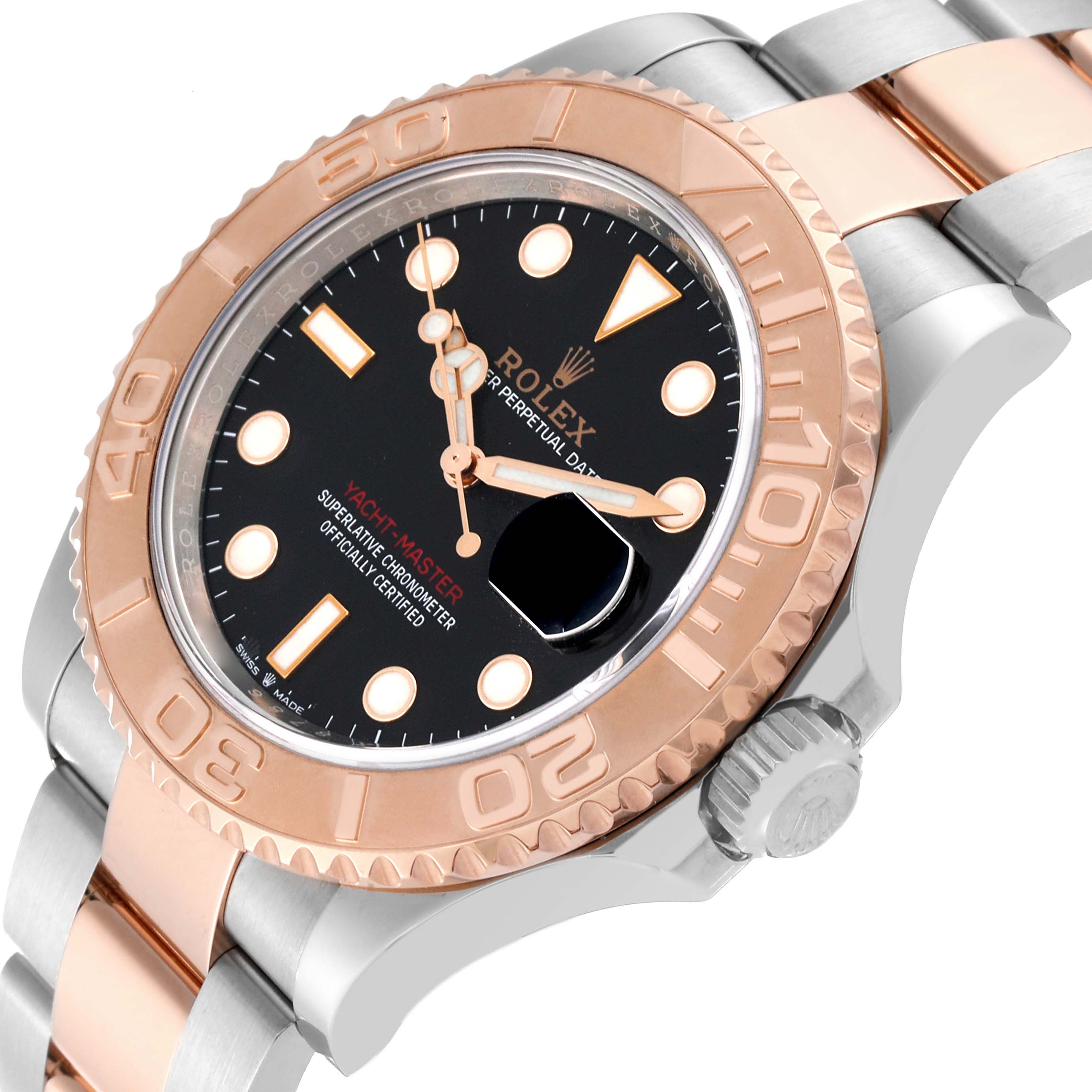 The image shows a close-up of a Rolex Yacht-Master 126621 Men
s Steel and Gold (two tone) Black Dial 126621 Men
s Steel and Gold (two tone) Black Dial watch, highlighting the bezel, dial, and part of the bracelet.