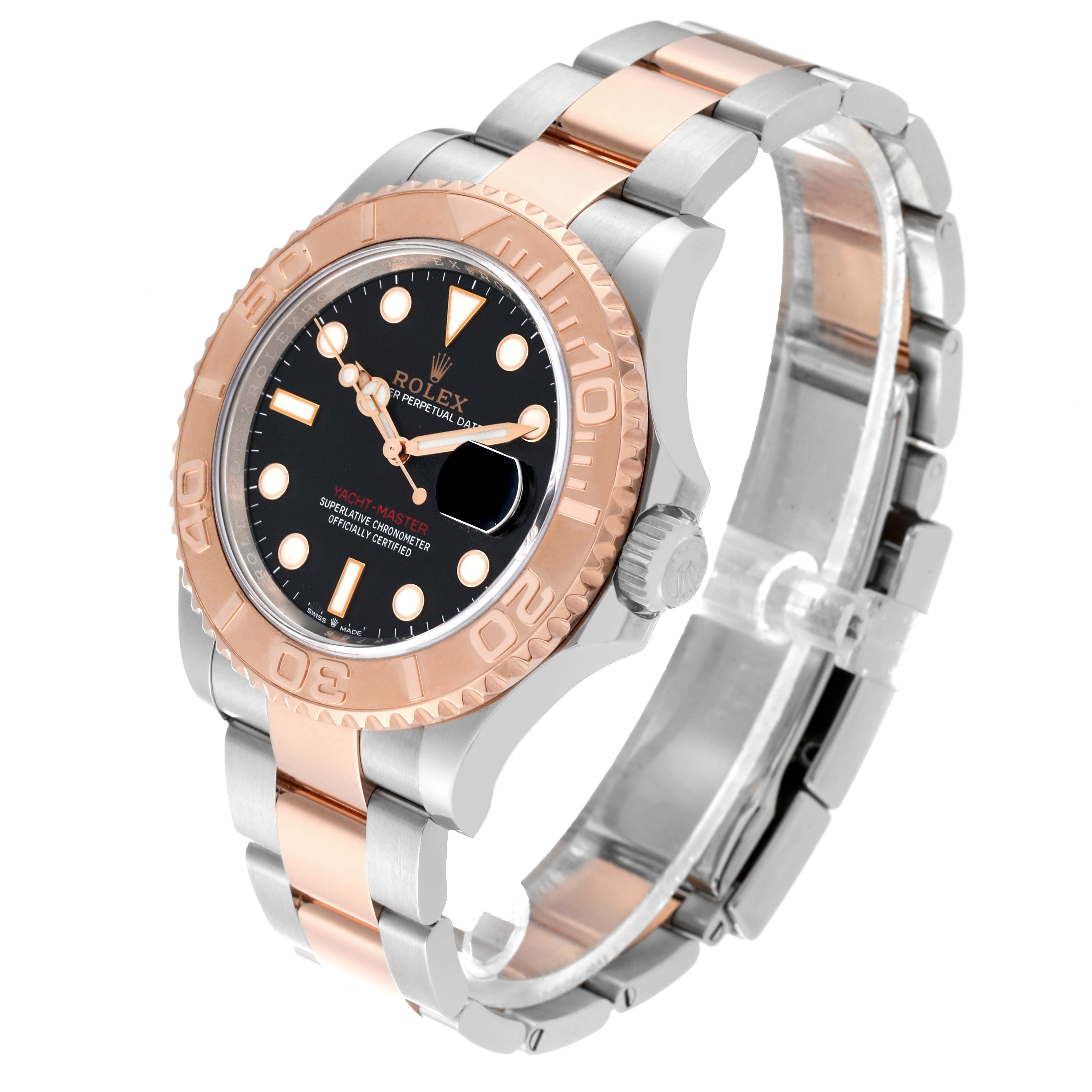The Rolex Yacht-Master 126621 Men
s Steel and Gold (two tone) Black Dial 126621 Men
s Steel and Gold (two tone) Black Dial watch is shown at an angle displaying its face, bezel, and bracelet.