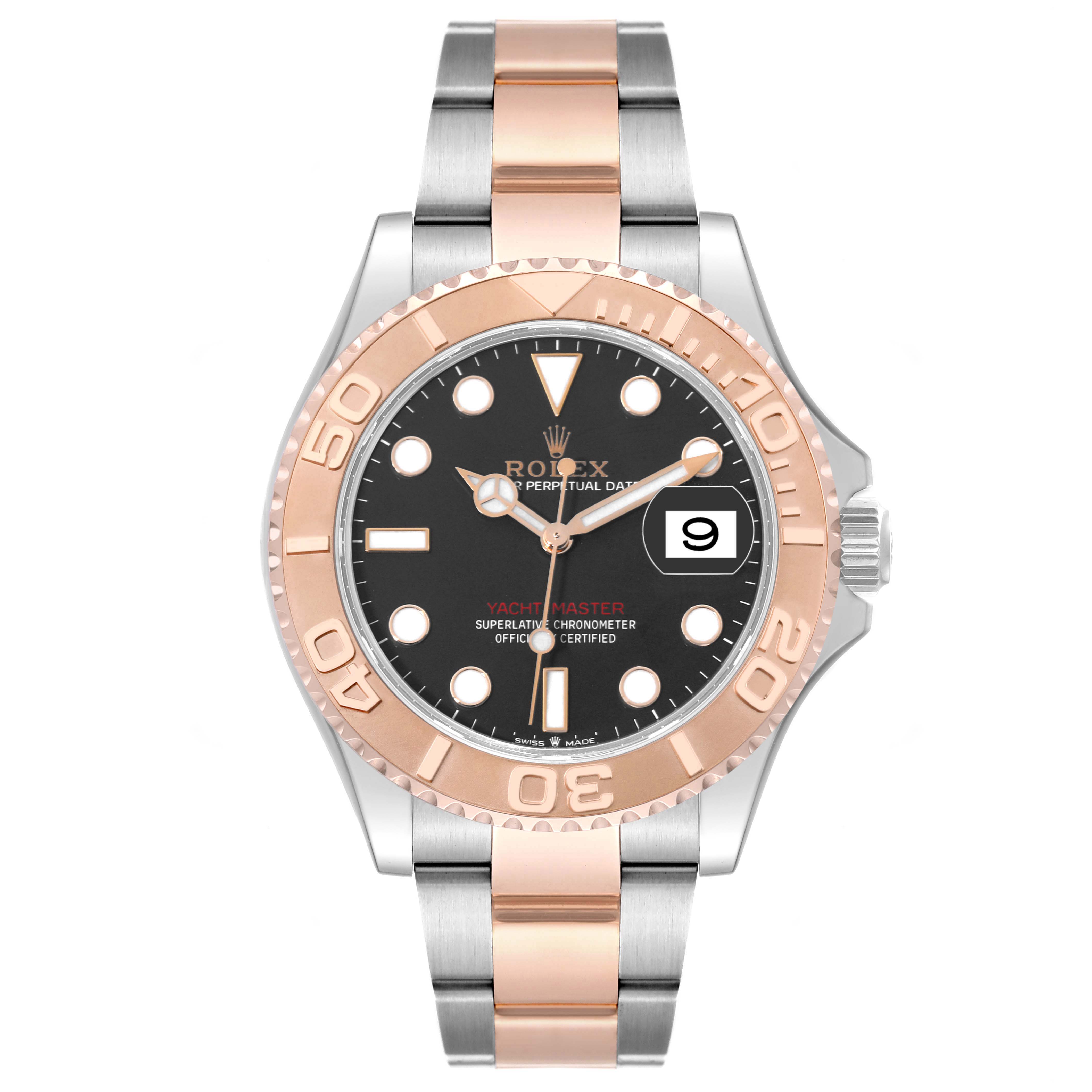 The image shows a front view of the Rolex Yacht-Master 126621 Men
s Steel and Gold (two tone) Black Dial 126621 Men
s Steel and Gold (two tone) Black Dial watch, highlighting its bezel, dial, bracelet, and date display.