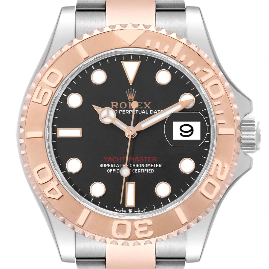 This Rolex Yacht-Master watch is shown from a front-facing angle, featuring its dial, bezel, hands, and partial bracelet.