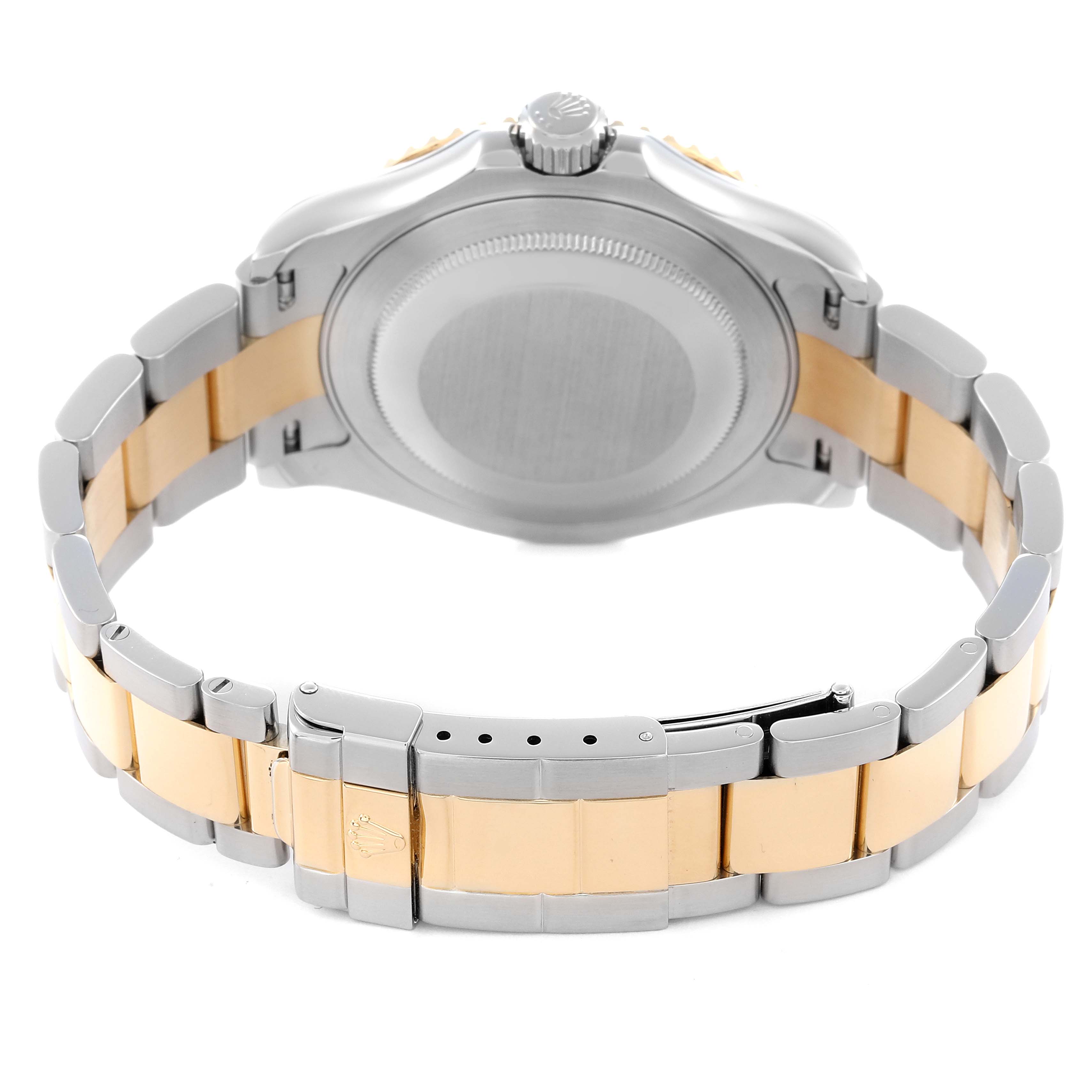 The Rolex Yacht-Master 16623 Men
s Steel and Gold (two tone) White Dial 16623 Men
s Steel and Gold (two tone) White Dial watch is shown from the back, featuring the clasp and bracelet links.