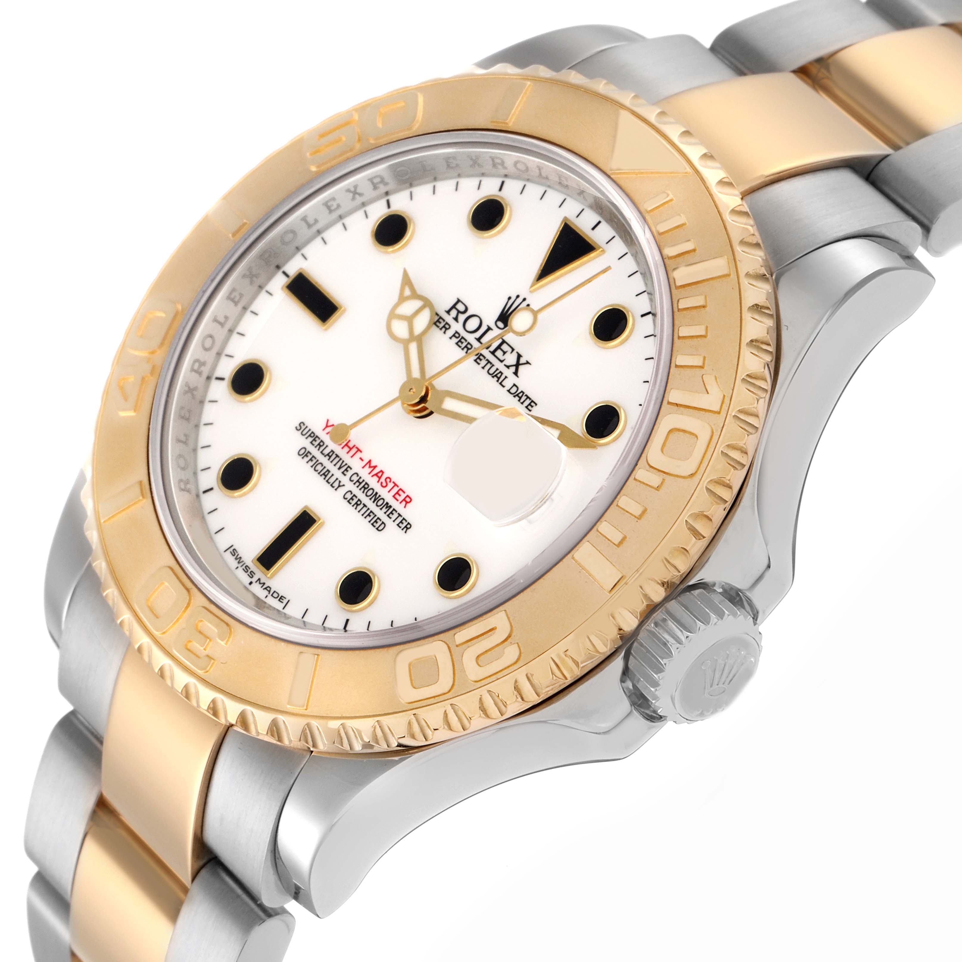 The Rolex Yacht-Master 16623 Men
s Steel and Gold (two tone) White Dial 16623 Men
s Steel and Gold (two tone) White Dial watch is shown from a three-quarter angle, highlighting its bezel, dial, and bracelet.
