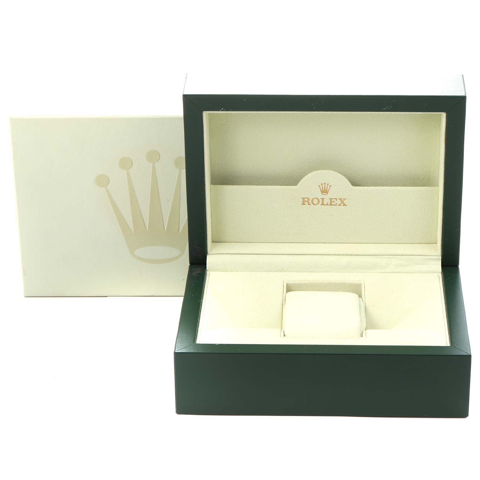 The image shows an open Rolex Yacht-Master 16623 Men
s Steel and Gold (two tone) White Dial 16623 Men
s Steel and Gold (two tone) White Dial watch box from the front angle, displaying the inner cushion and brand logo.