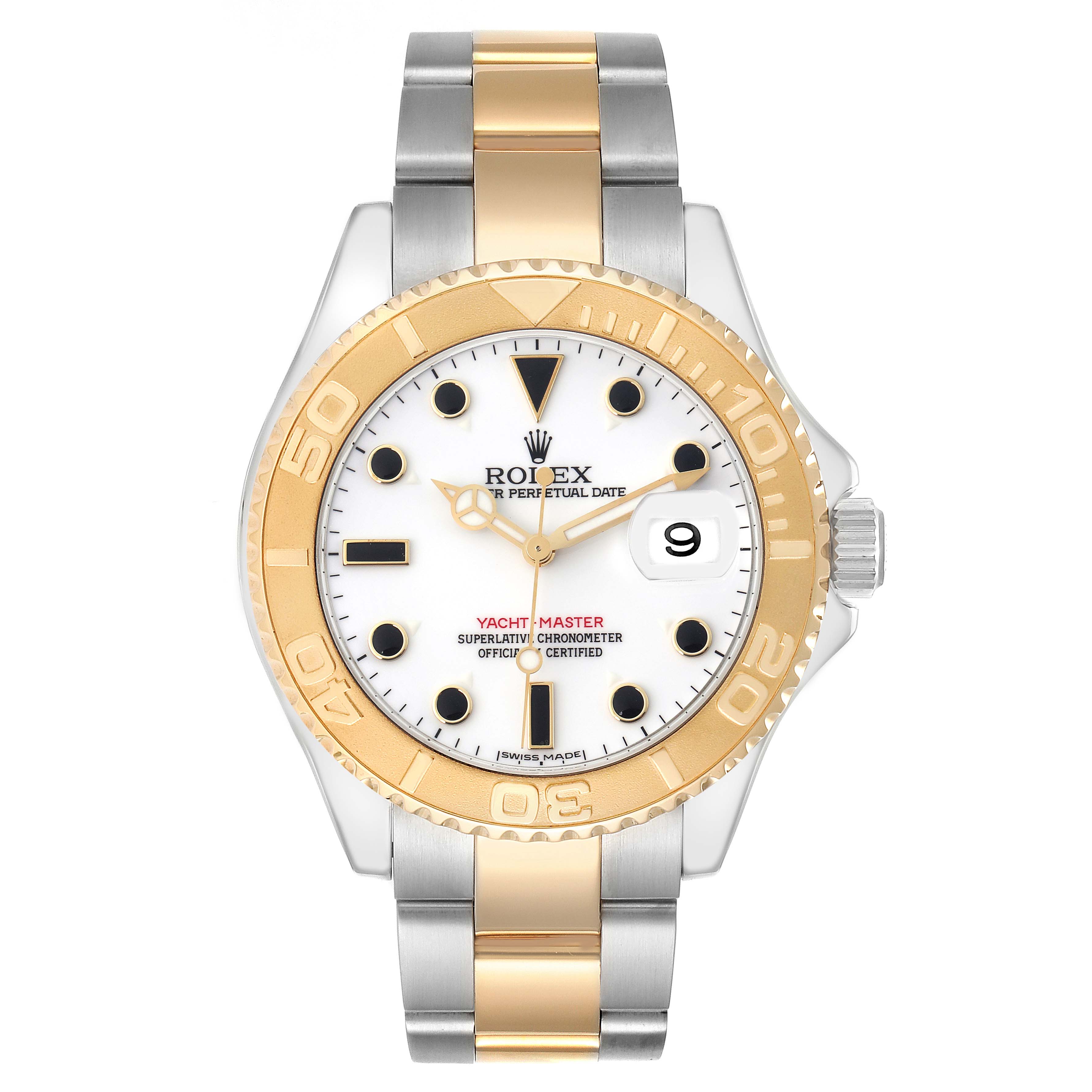 The Rolex Yacht-Master 16623 Men
s Steel and Gold (two tone) White Dial 16623 Men
s Steel and Gold (two tone) White Dial watch is shown from a top view, displaying the bezel, dial, hands, date window, and bracelet.
