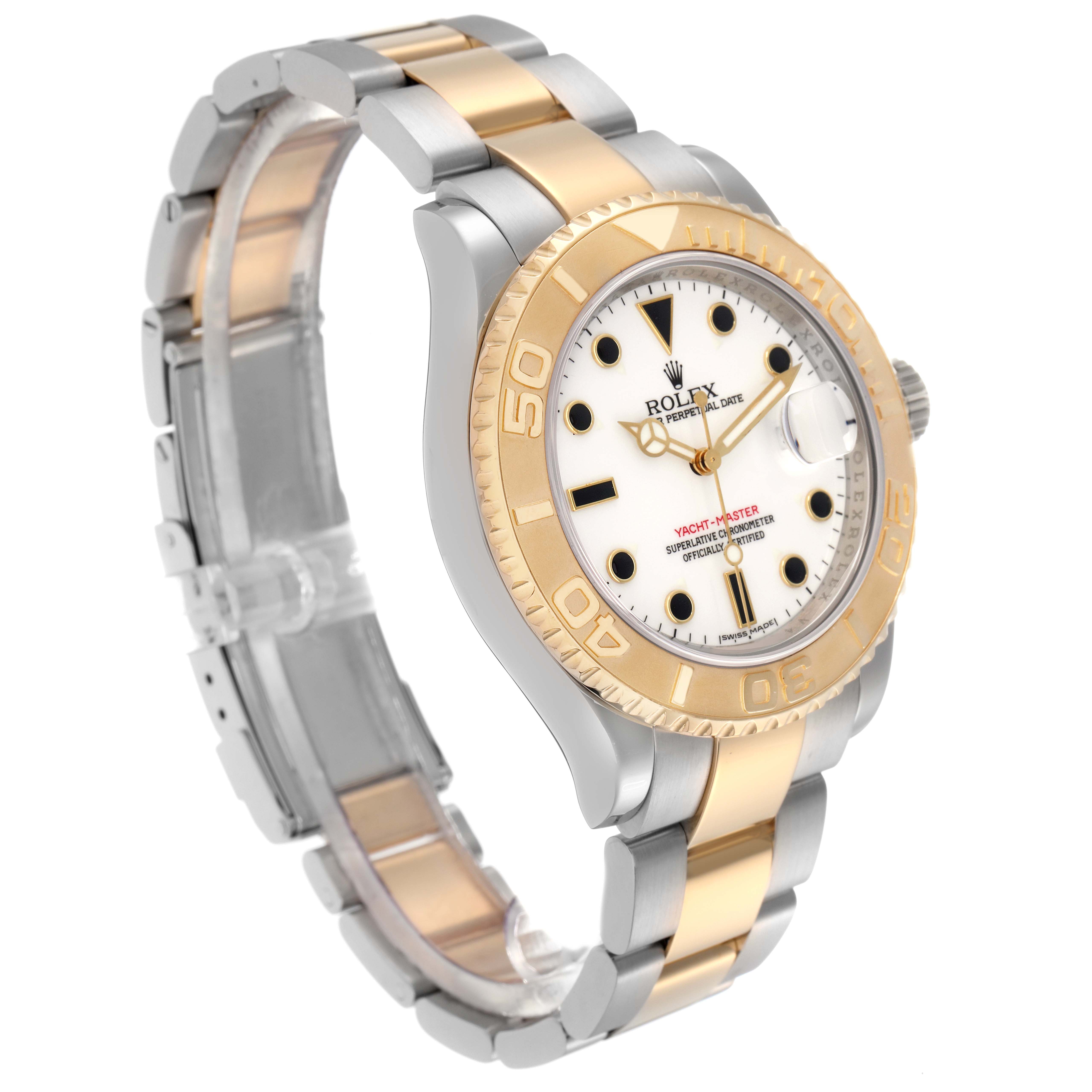 The Rolex Yacht-Master 16623 Men
s Steel and Gold (two tone) White Dial 16623 Men
s Steel and Gold (two tone) White Dial watch is shown at a three-quarter angle, displaying the dial, bezel, and bracelet.