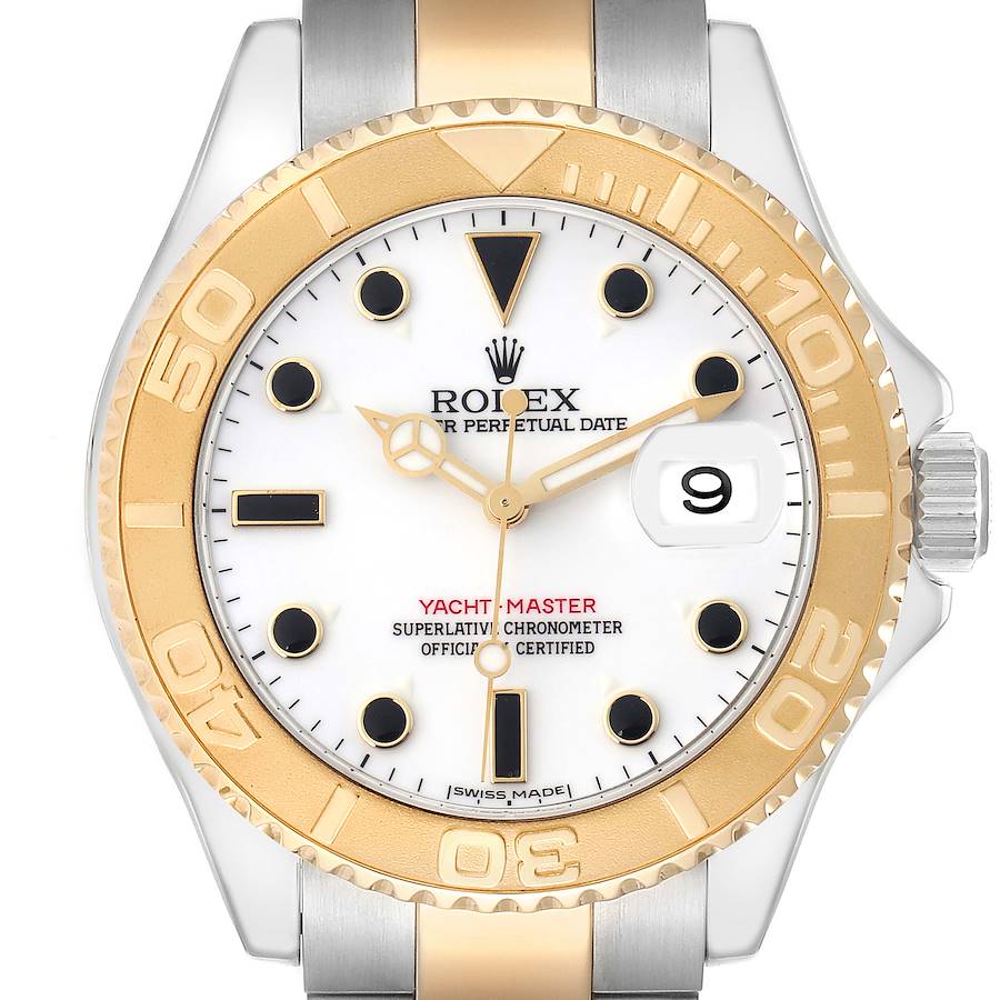 The Rolex Yacht-Master watch is shown from the front, highlighting the dial, bezel, and part of the bracelet.