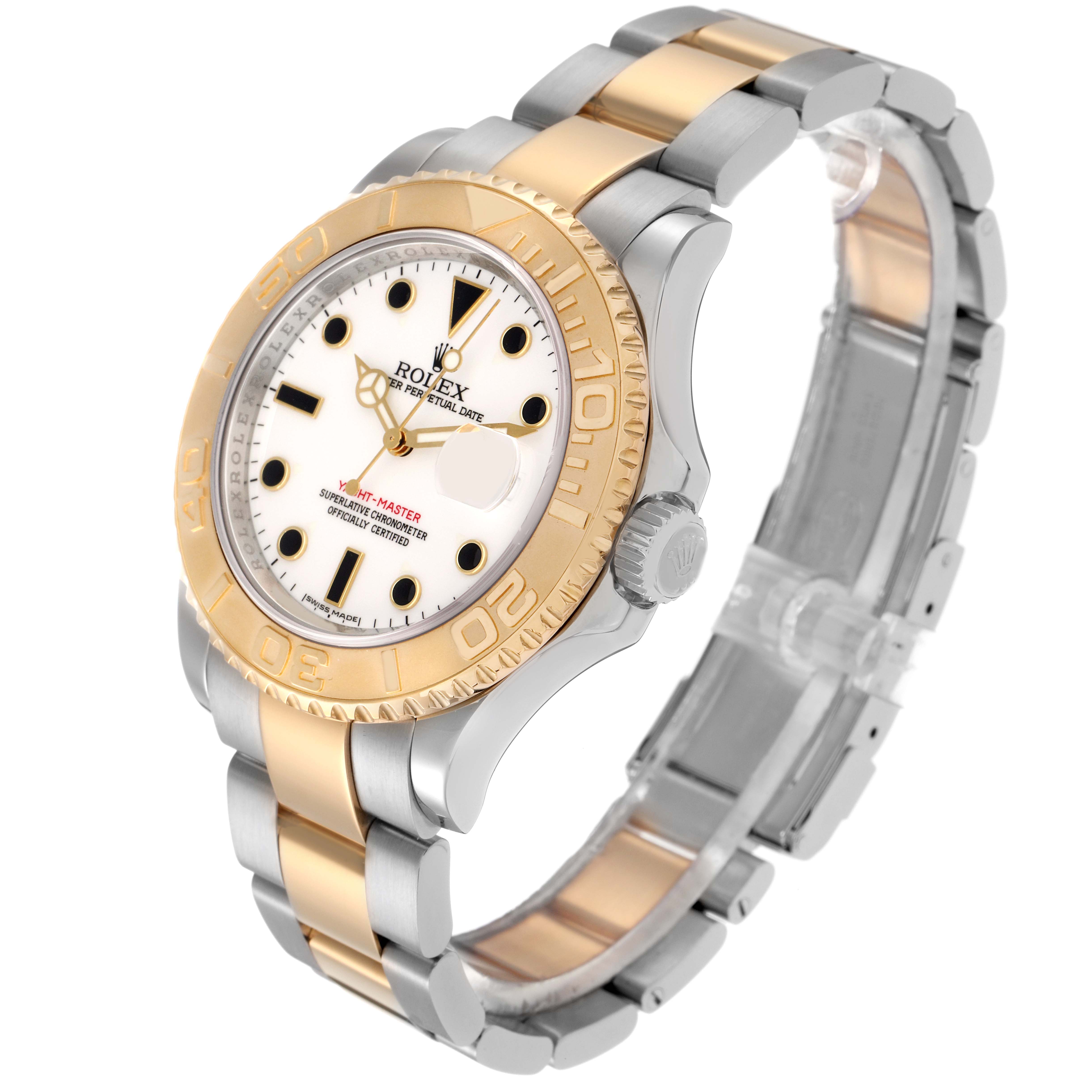 The Rolex Yacht-Master 16623 Men
s Steel and Gold (two tone) White Dial 16623 Men
s Steel and Gold (two tone) White Dial watch is shown at a three-quarter angle, highlighting the bezel, dial, crown, and bracelet.