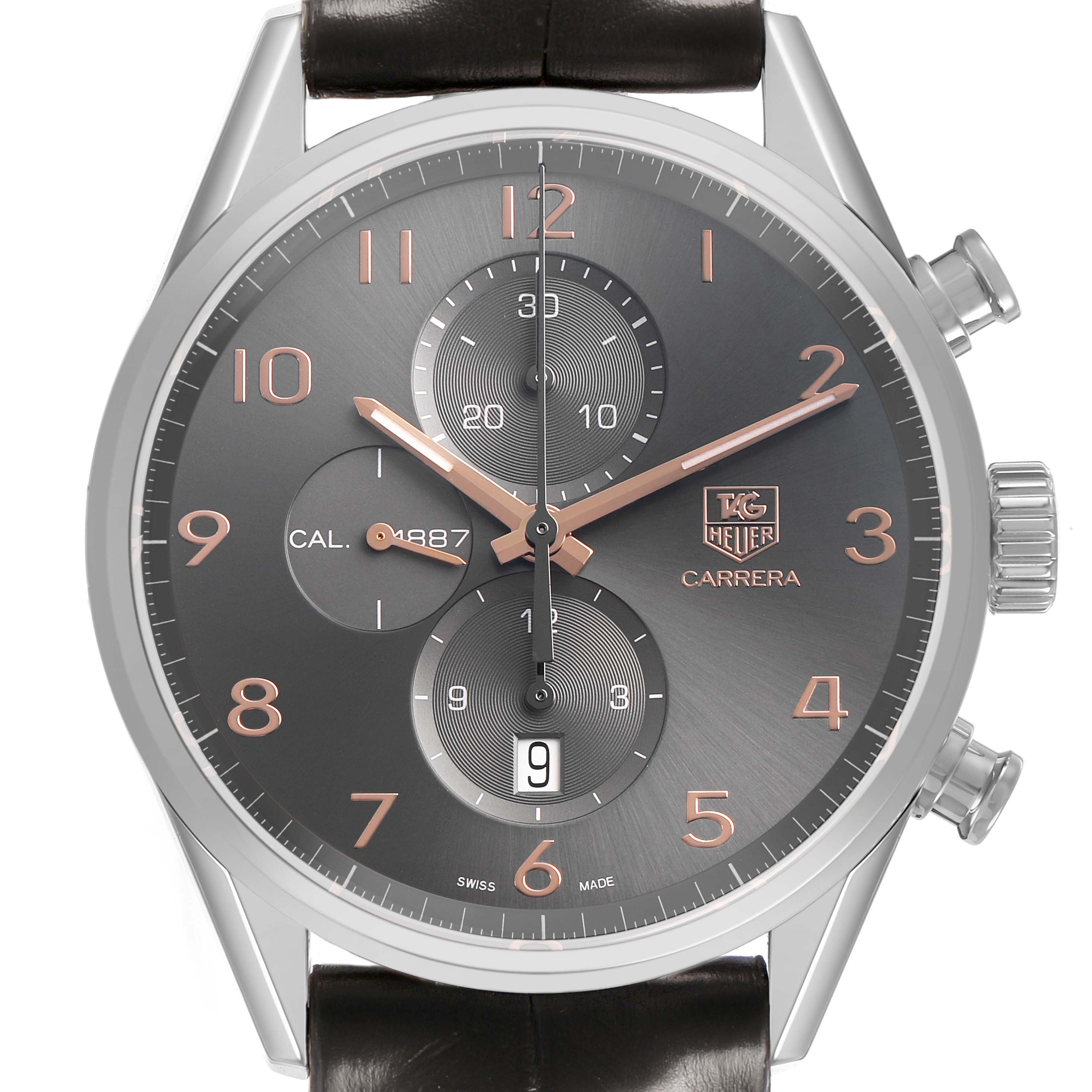 The Tag Heuer Carrera CAR2013.FC6313 Men's Stainless Steel Grey Dial watch is shown from the front, highlighting the dial, subdials, and crown.