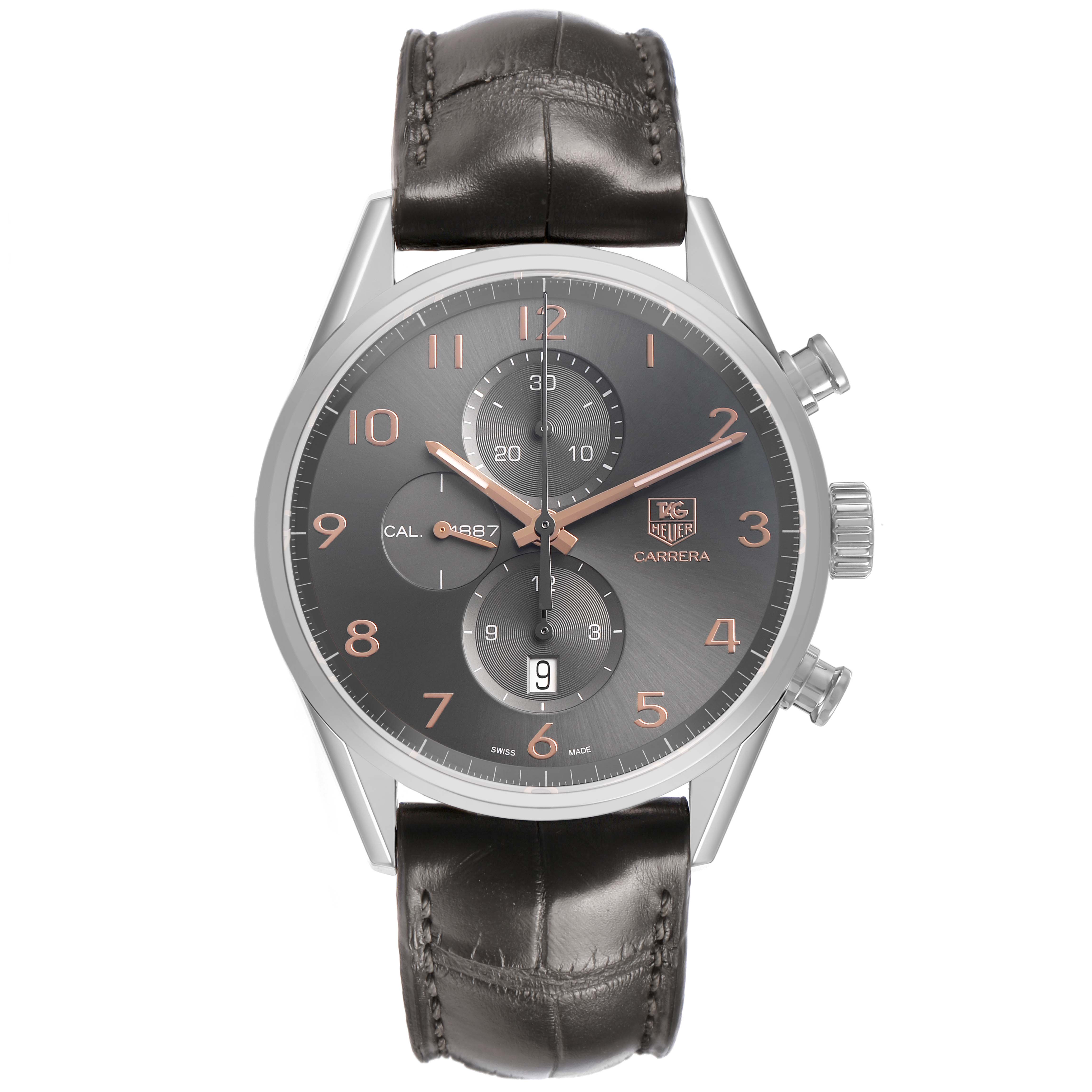 The Tag Heuer Carrera CAR2013.FC6313 Men's Stainless Steel Grey Dial watch is shown from the front, displaying its face, chronograph dials, and leather strap.