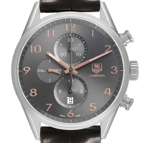 The Tag Heuer Carrera CAR2013.FC6313 Mens Stainless Steel Grey Dial watch is shown from the front, highlighting its face, chronograph dials, and silver and rose gold accents.
