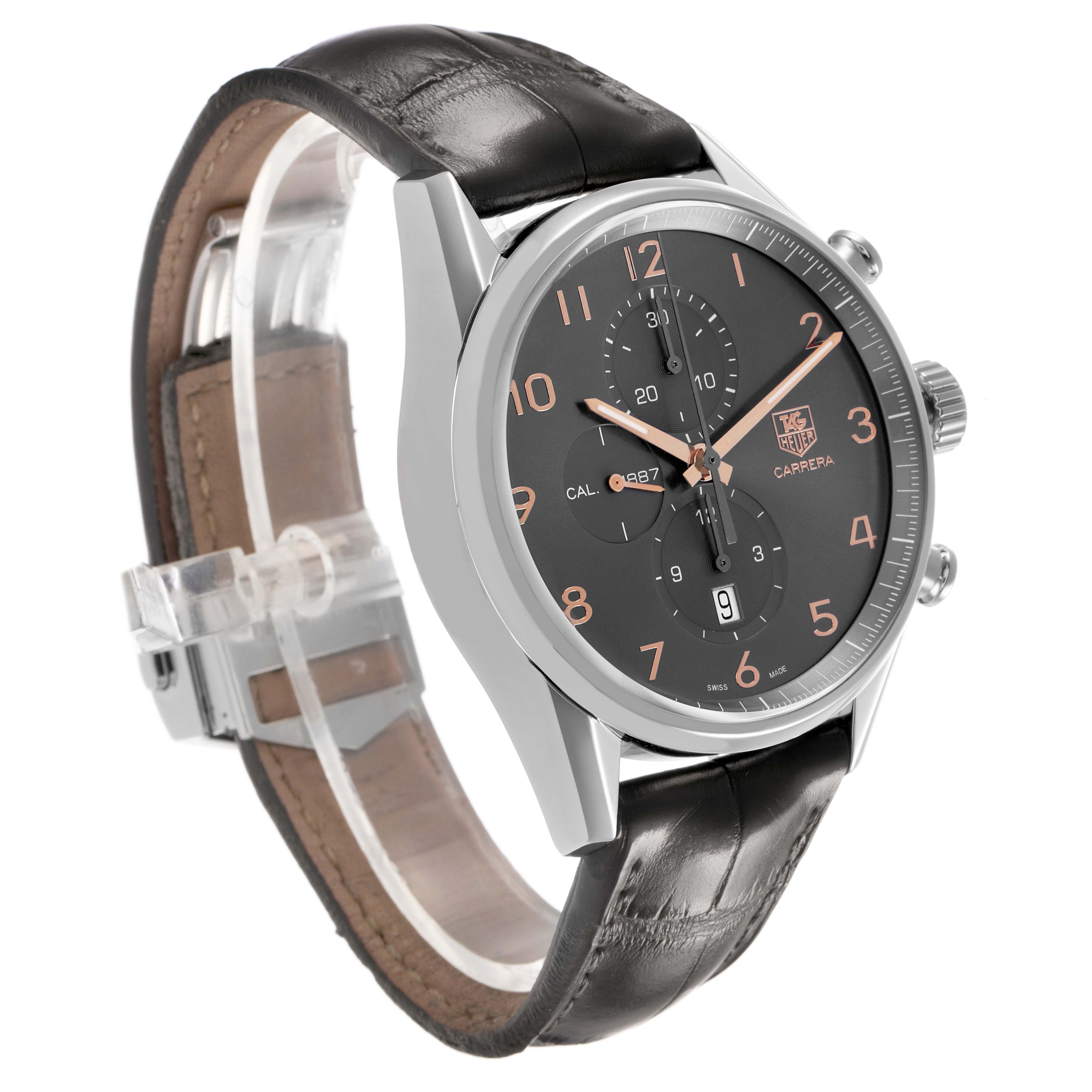 The Tag Heuer Carrera CAR2013.FC6313 Men's Stainless Steel Grey Dial watch is shown at a three-quarter angle, displaying the face, case, crown, and leather strap.